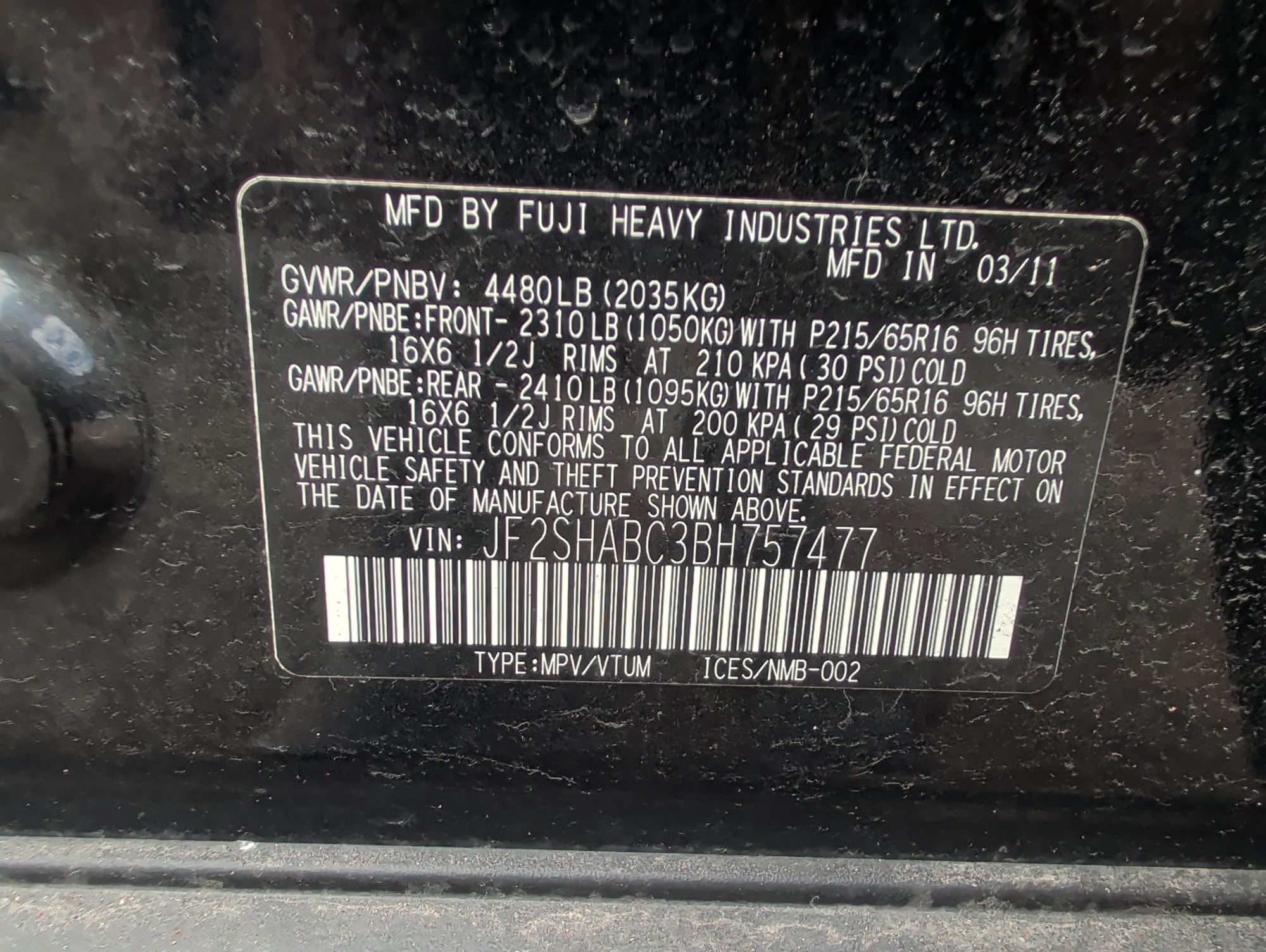 2011 subaru forester 2.5x-touring with 158569 miles for sale near Elk River, Minnesota 106647_47_door_vin_sticker.jpg