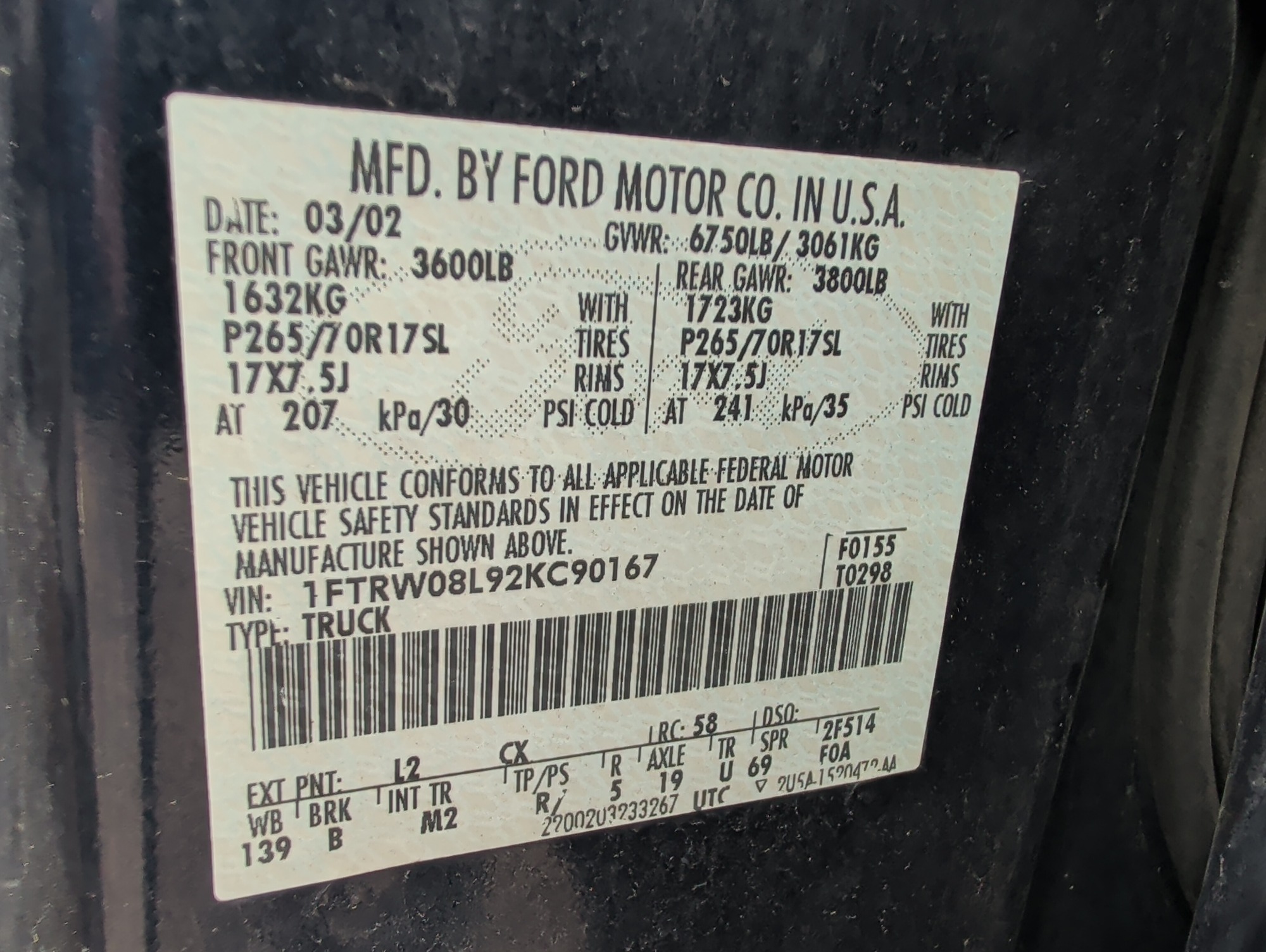 2002 ford f-150 xlt-supercrew-short-bed-4wd with 370405 miles for sale near Elk River, Minnesota 106651_47_door_vin_sticker.jpg