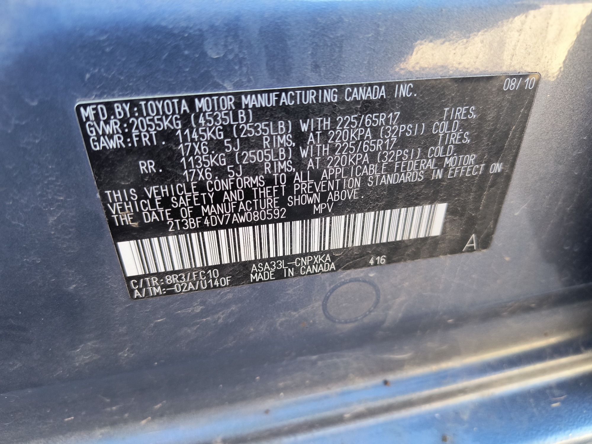 2010 toyota rav4 base-i4-4wd with 209322 miles for sale near Elk River, Minnesota 106656_47_door_vin_sticker.jpg
