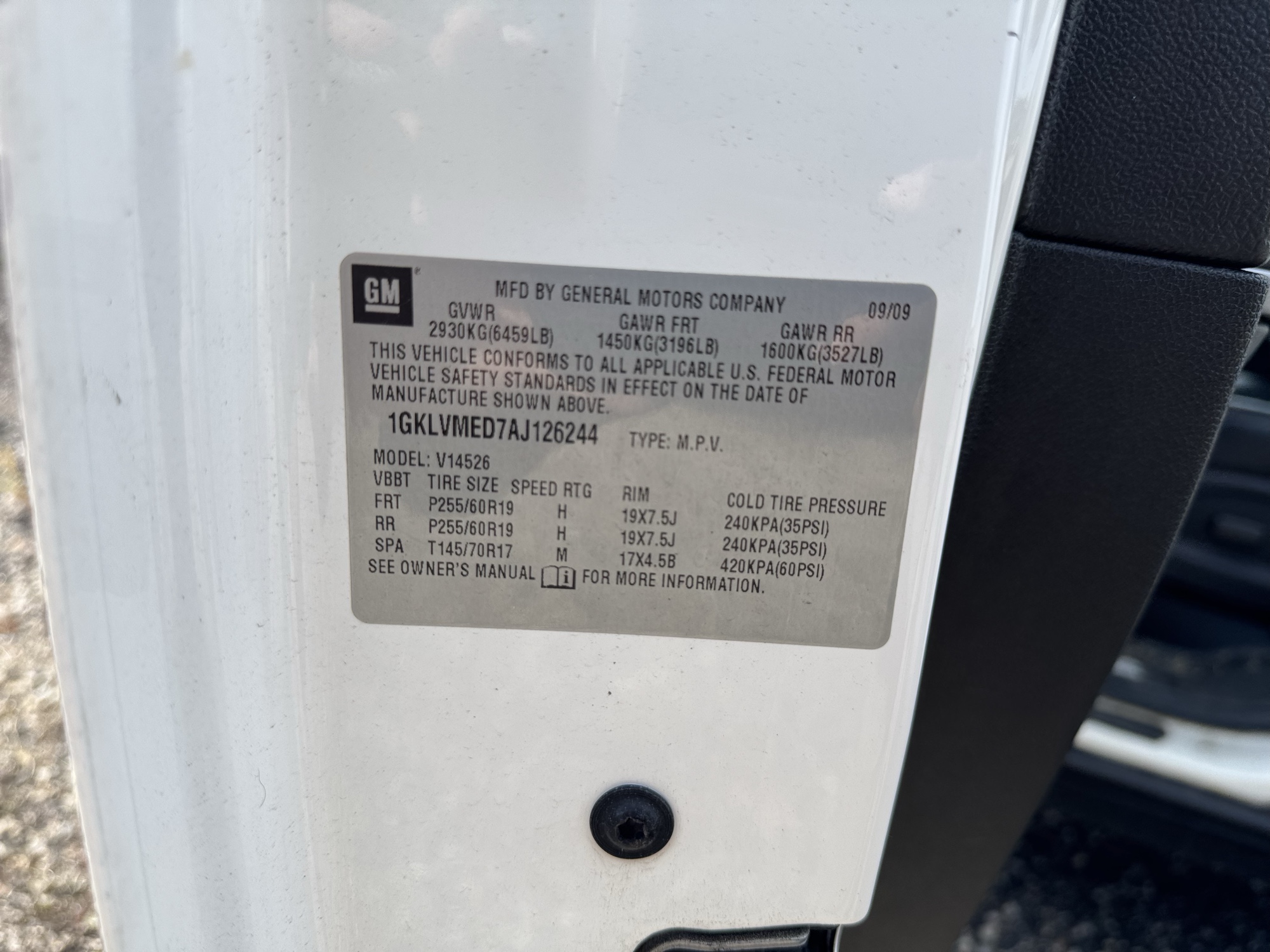 2010 gmc acadia slt-1-awd with 367138 miles for sale near Elk River, Minnesota 106661_47_door_vin_sticker.jpg