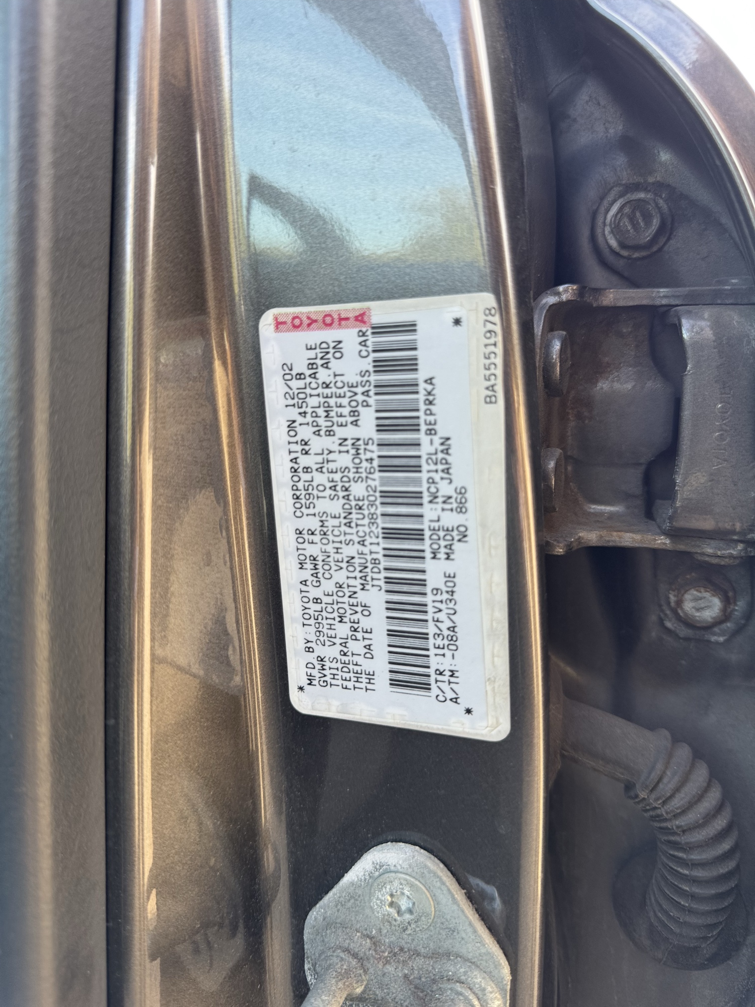2003 toyota echo 4-door-sedan with 222883 miles for sale near Elk River, Minnesota 106664_47_door_vin_sticker.jpg