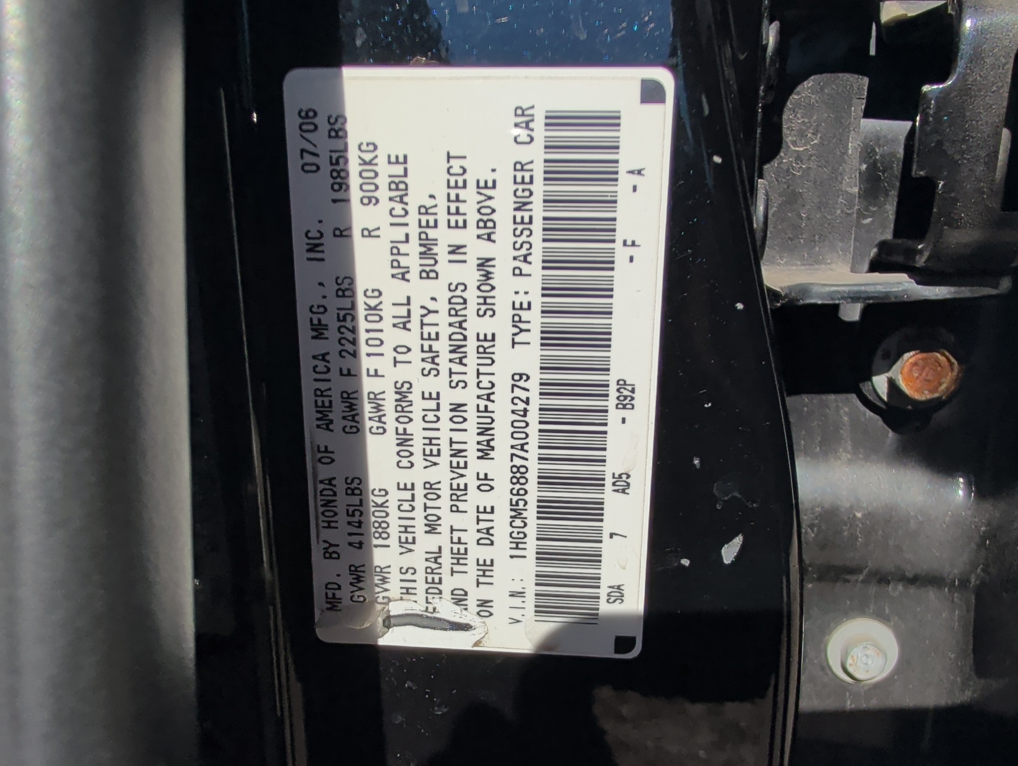 2007 honda accord ex-l-sedan-at with 171912 miles for sale near Elk River, Minnesota 106671_47_door_vin_sticker.jpg