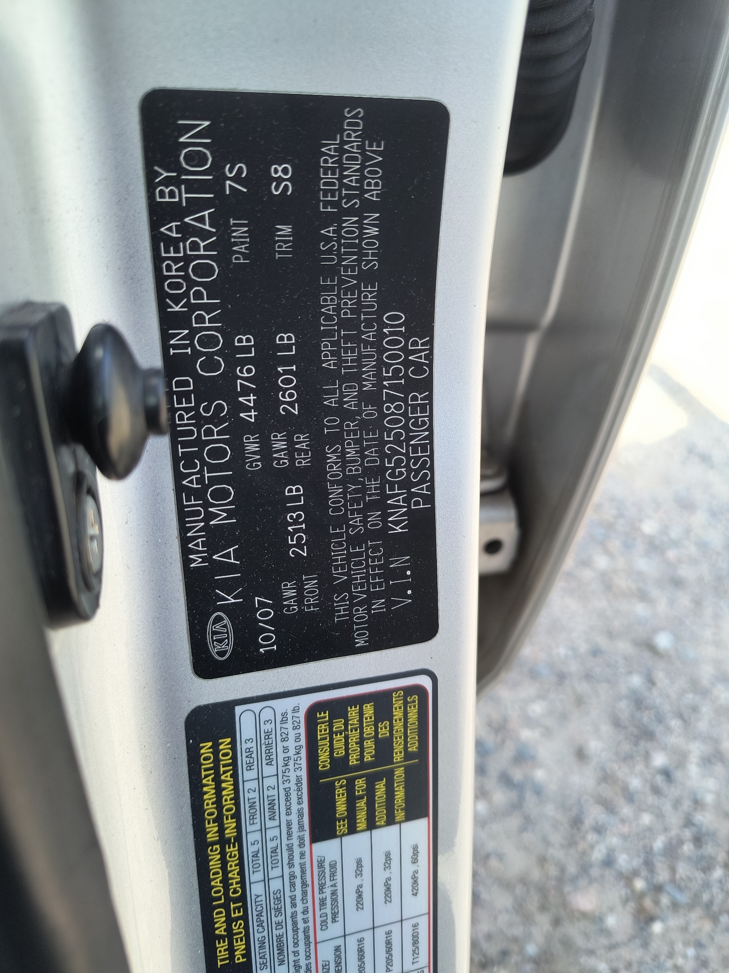 2008 kia rondo base with 108222 miles for sale near Elk River, Minnesota 106672_47_door_vin_sticker.jpg