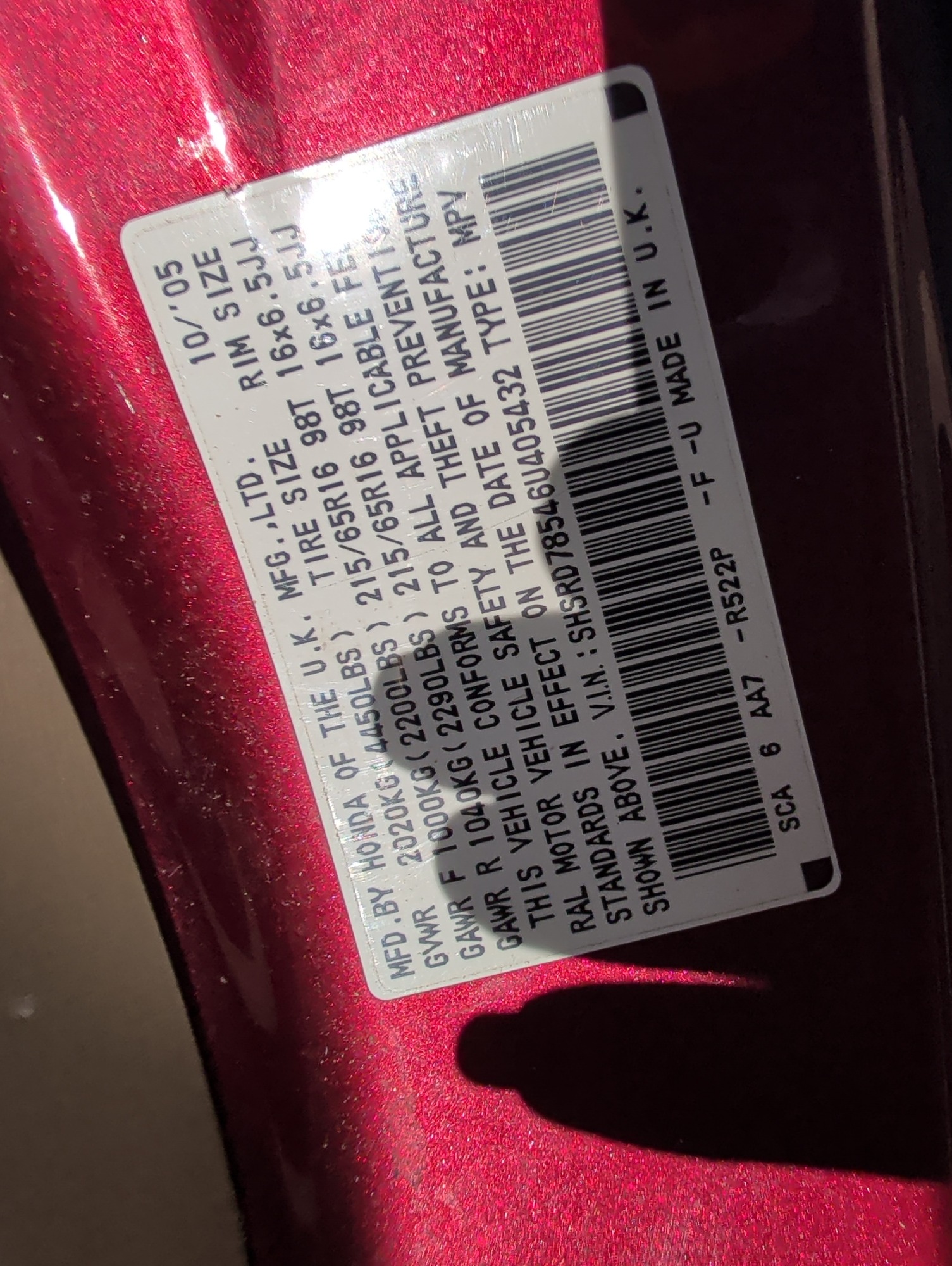 2006 honda cr-v lx-4wd-at with 52124 miles for sale near Elk River, Minnesota 106673_47_door_vin_sticker.jpg
