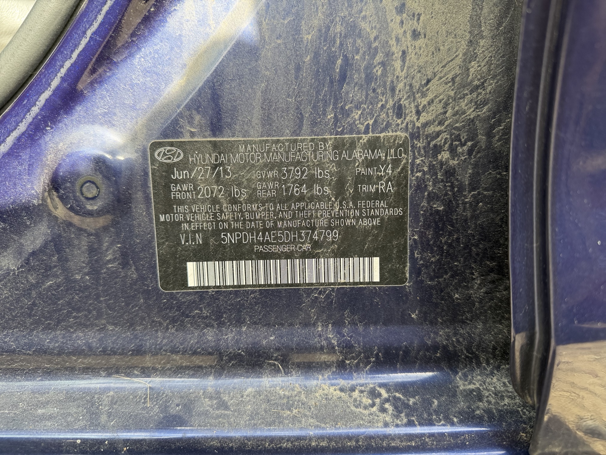 2013 hyundai elantra limited with 114604 miles for sale near Elk River, Minnesota 106674_47_door_vin_sticker.jpg
