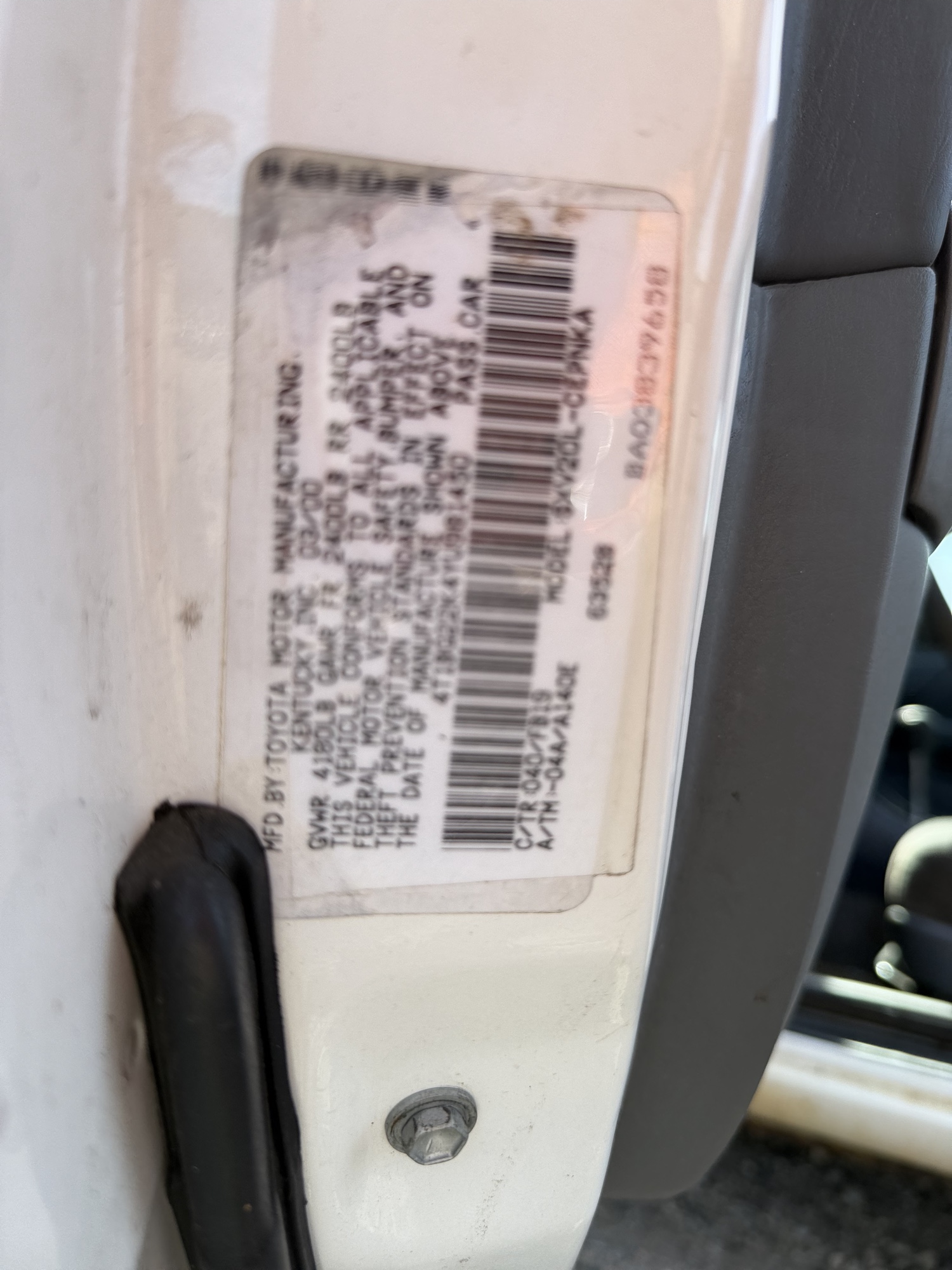 2000 toyota camry ce with 130717 miles for sale near Elk River, Minnesota 106676_47_door_vin_sticker.jpg