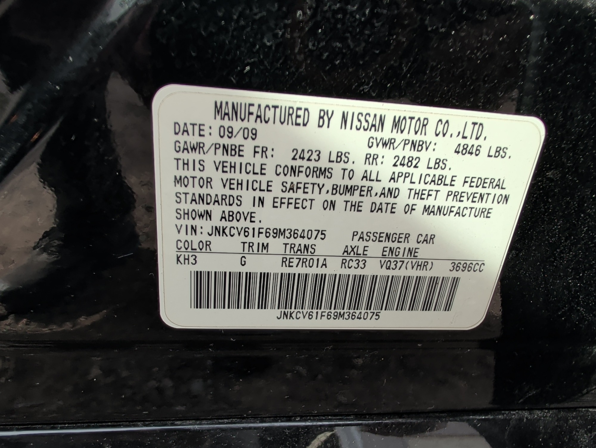 2009 infiniti g-sedan g37x-awd with 129749 miles for sale near Elk River, Minnesota 106681_47_door_vin_sticker.jpg
