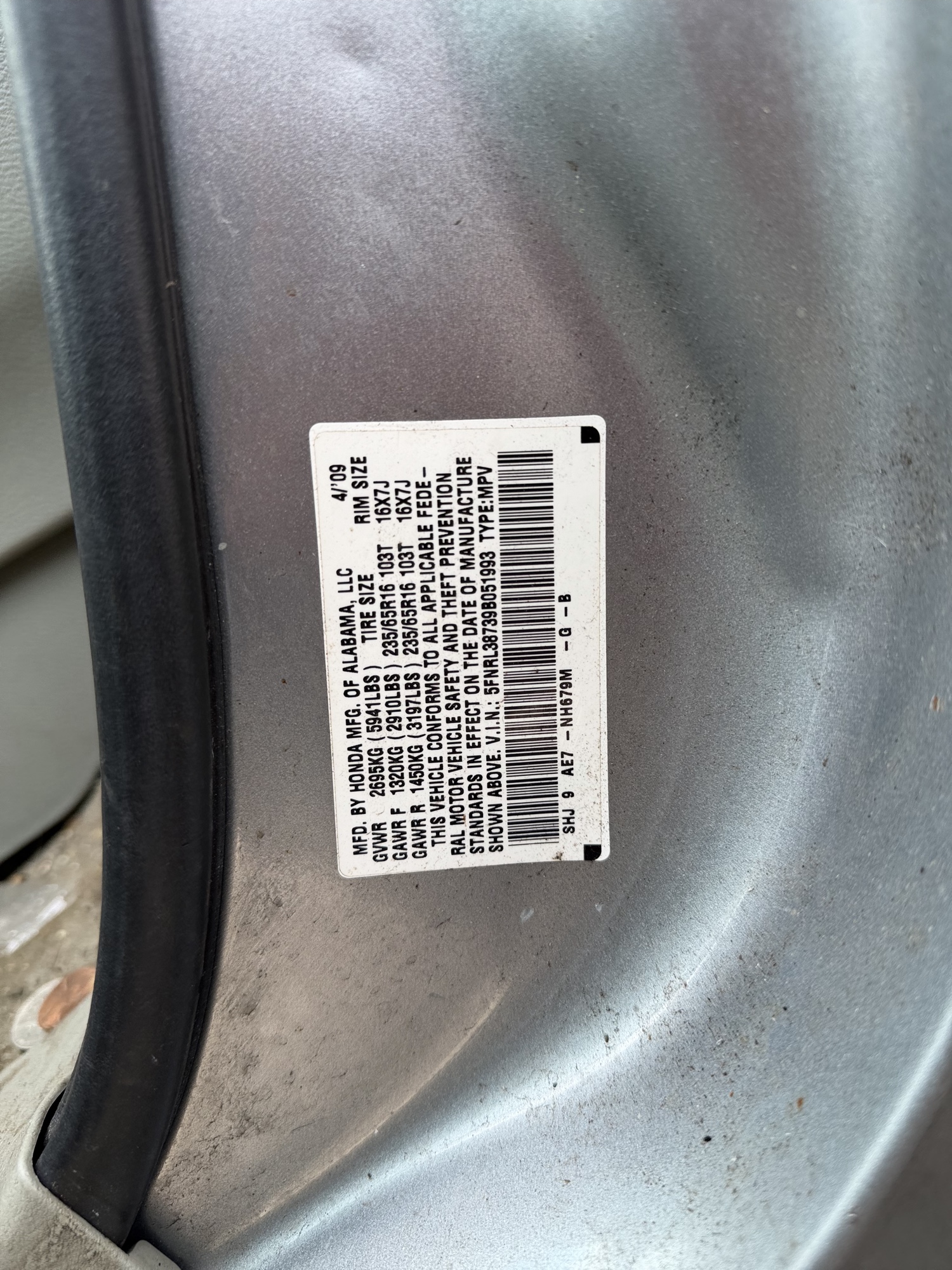 2009 honda odyssey with 273492 miles for sale near Elk River, Minnesota 106682_47_door_vin_sticker.jpg