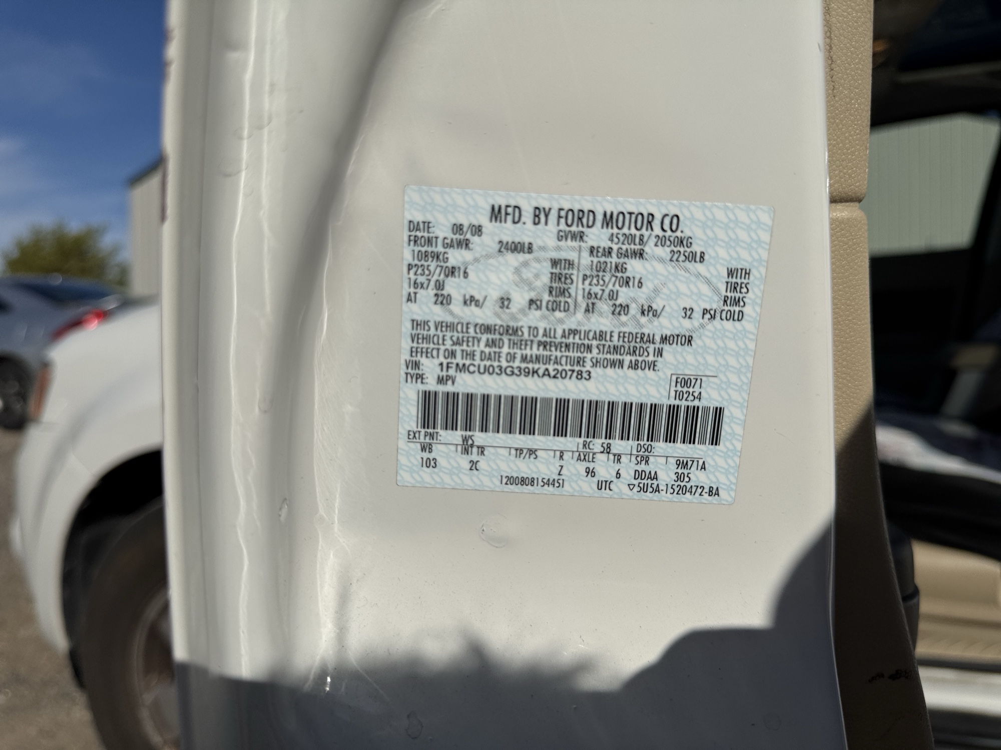 2009 ford escape xlt-fwd-v6 with 165967 miles for sale near Elk River, Minnesota 106684_47_door_vin_sticker.jpg