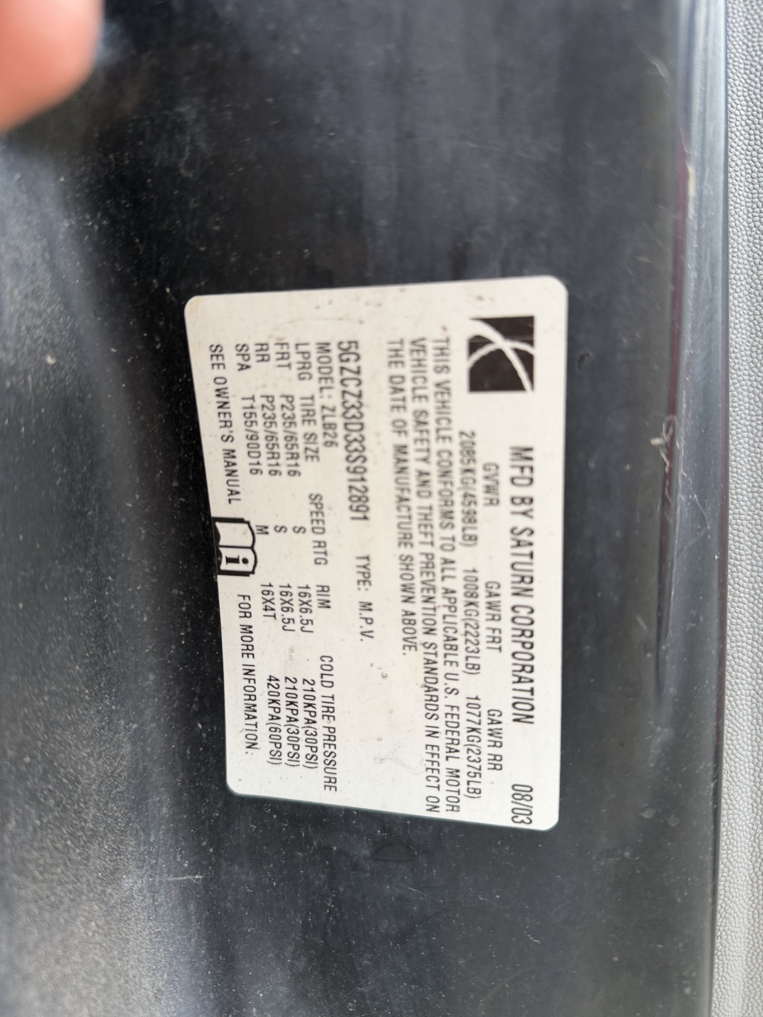 2003 saturn vue fwd with 178435 miles for sale near Elk River, Minnesota 106689_47_door_vin_sticker.jpg