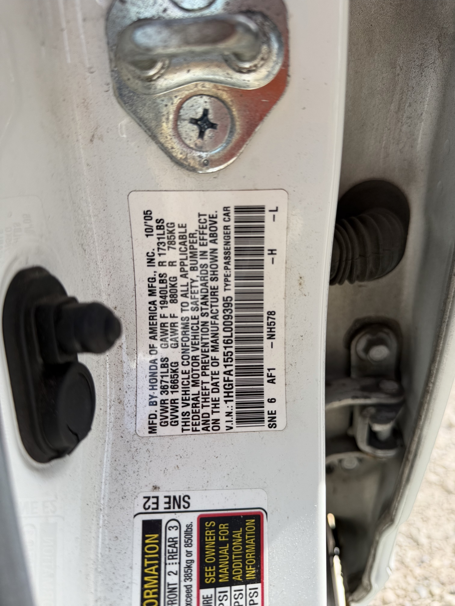 2006 honda civic lx-sedan with 201831 miles for sale near Elk River, Minnesota 106691_47_door_vin_sticker.jpg
