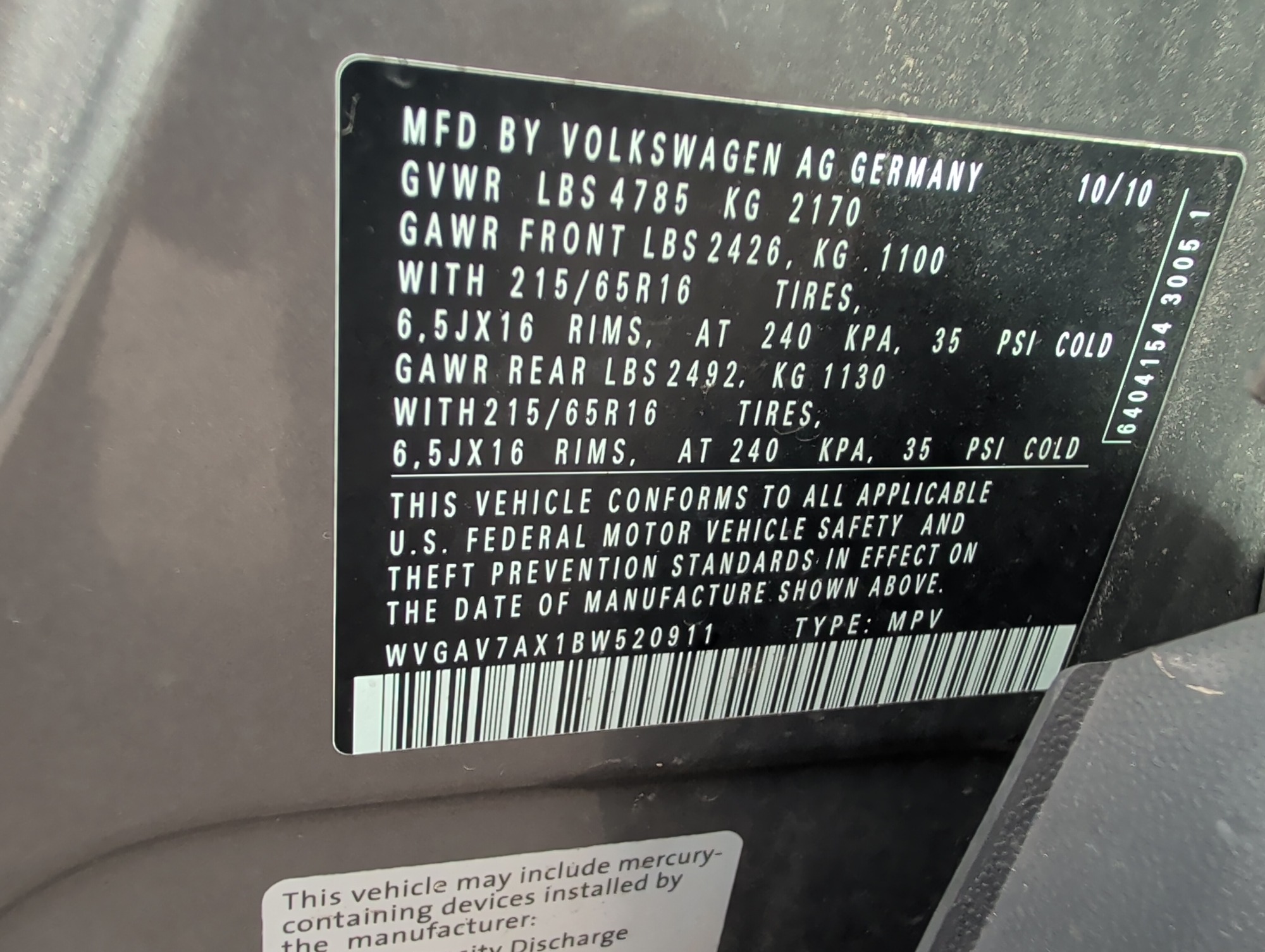 2011 volkswagen tiguan s with 149749 miles for sale near Elk River, Minnesota 106692_47_door_vin_sticker.jpg