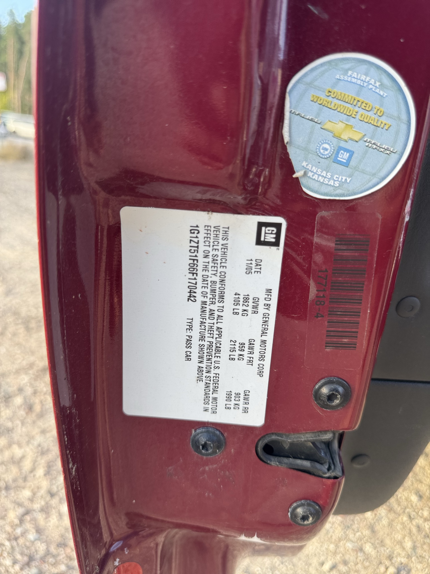 2006 chevrolet malibu lt with 143181 miles for sale near Elk River, Minnesota 106693_47_door_vin_sticker.jpg