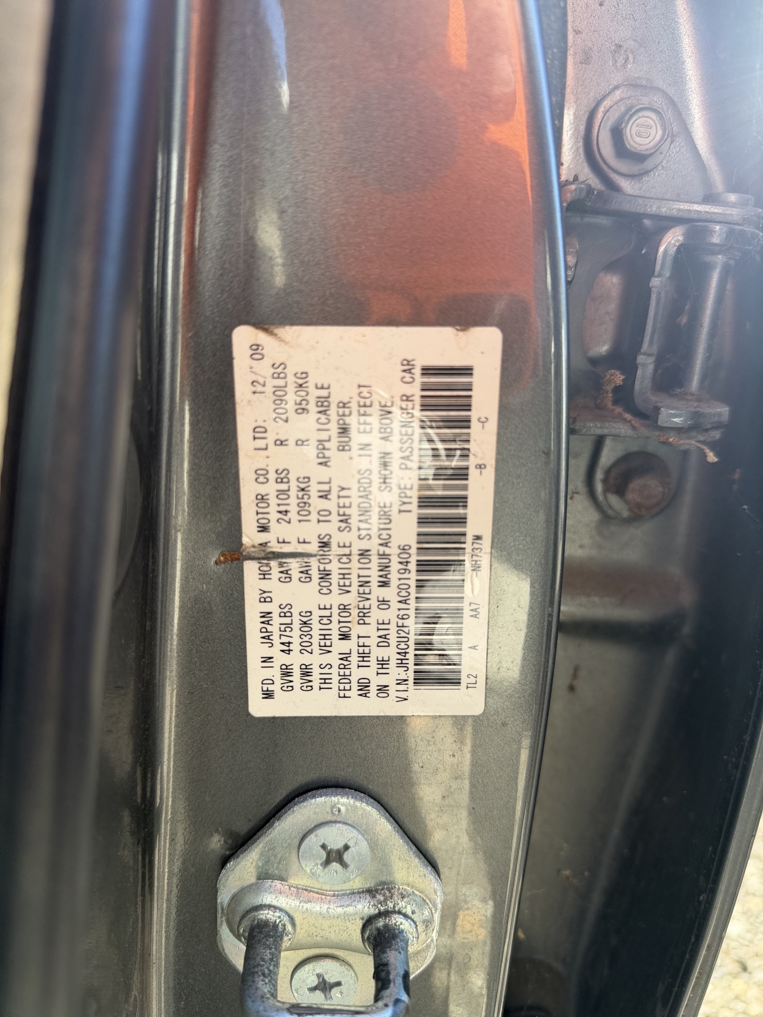 2010 acura tsx 5-speed-at with 228743 miles for sale near Elk River, Minnesota 106694_47_door_vin_sticker.jpg