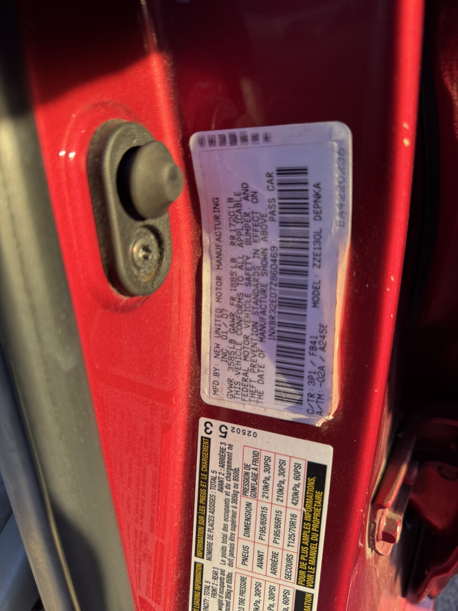 2007 toyota corolla ce with 160712 miles for sale near Elk River, Minnesota 106696_47_door_vin_sticker.jpg