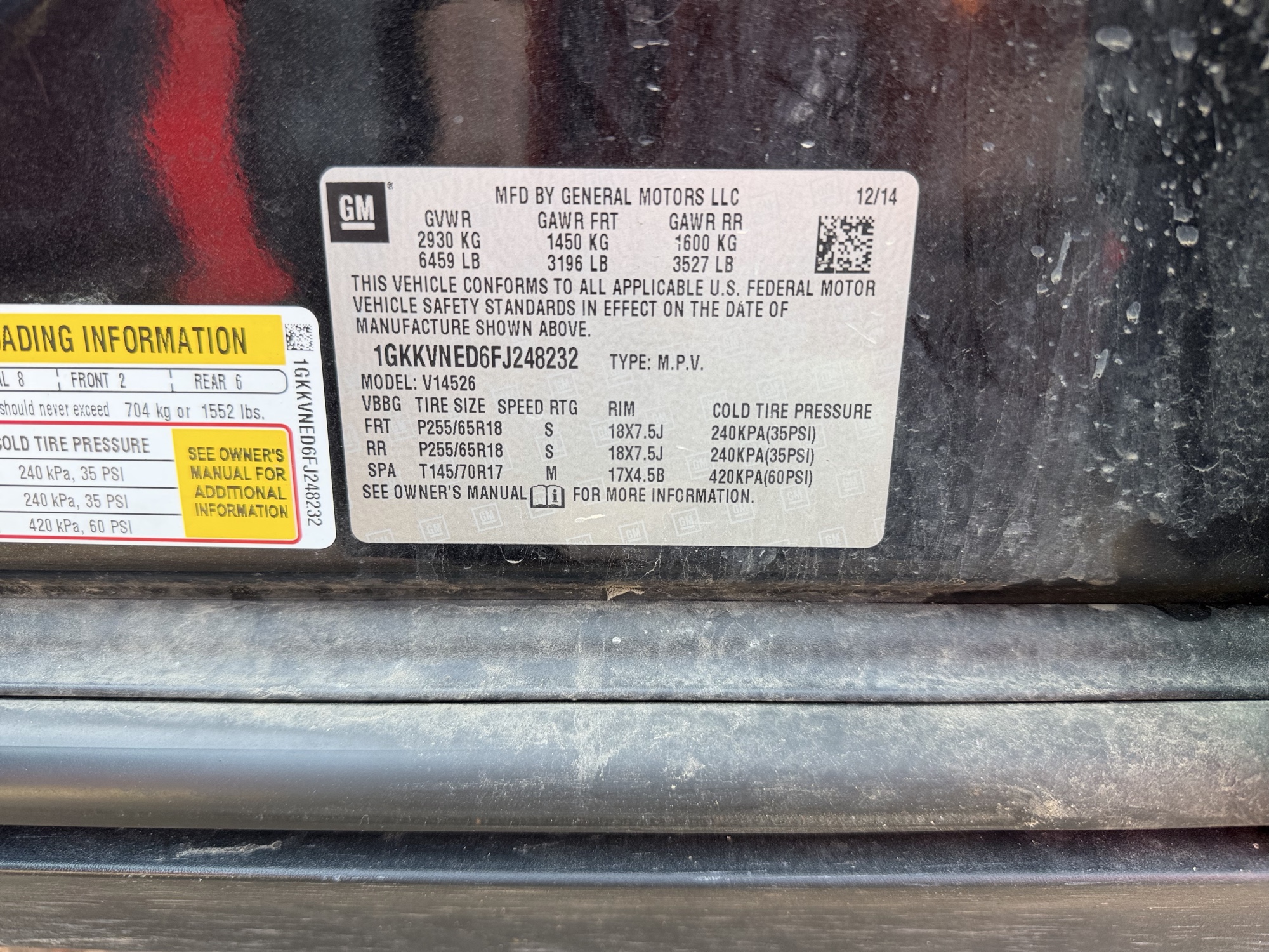 2015 gmc acadia sle-1-awd with 153034 miles for sale near Elk River, Minnesota 106697_47_door_vin_sticker.jpg