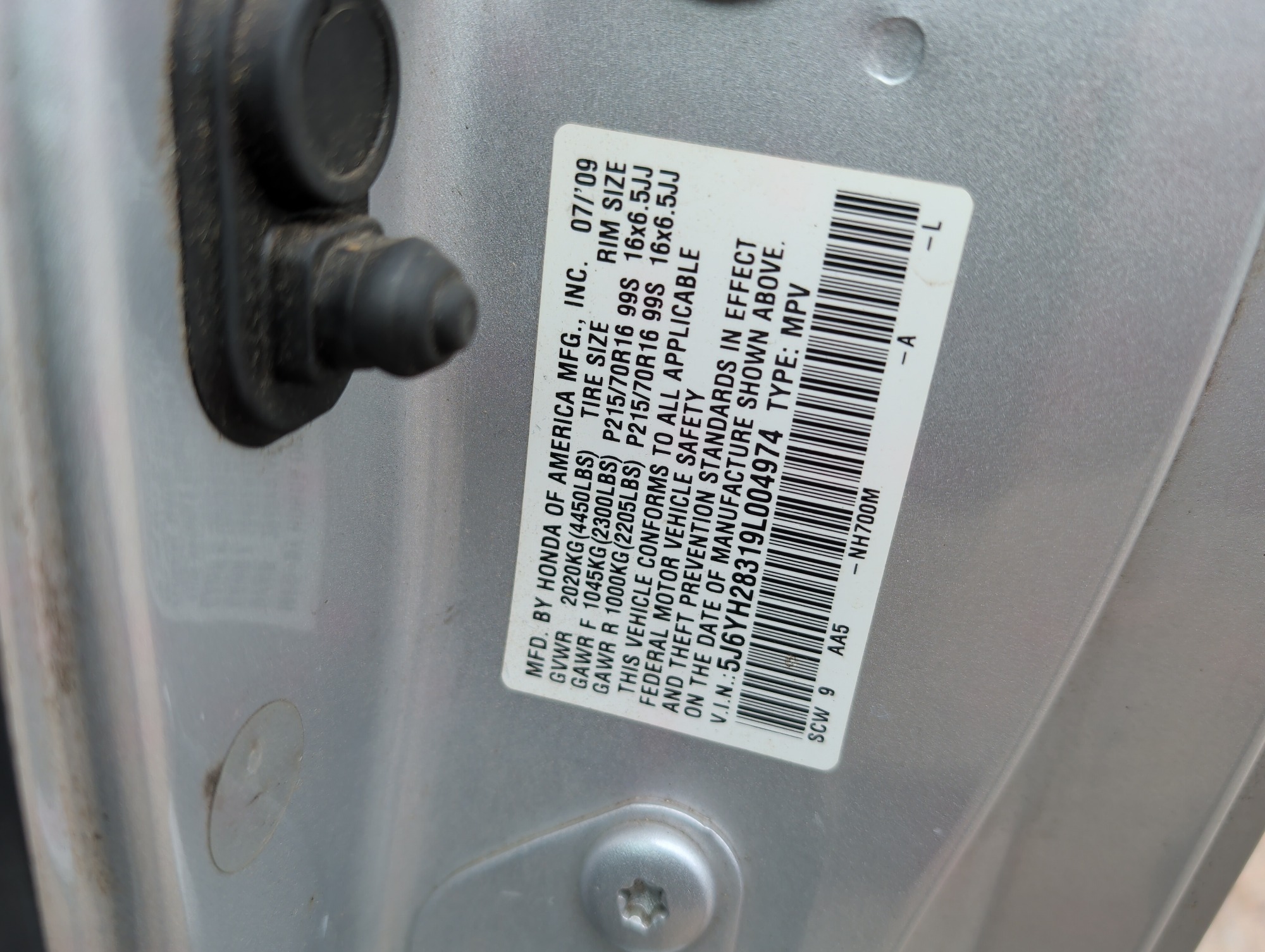 2009 honda element lx-4wd-at with 225737 miles for sale near Elk River, Minnesota 106701_47_door_vin_sticker.jpg