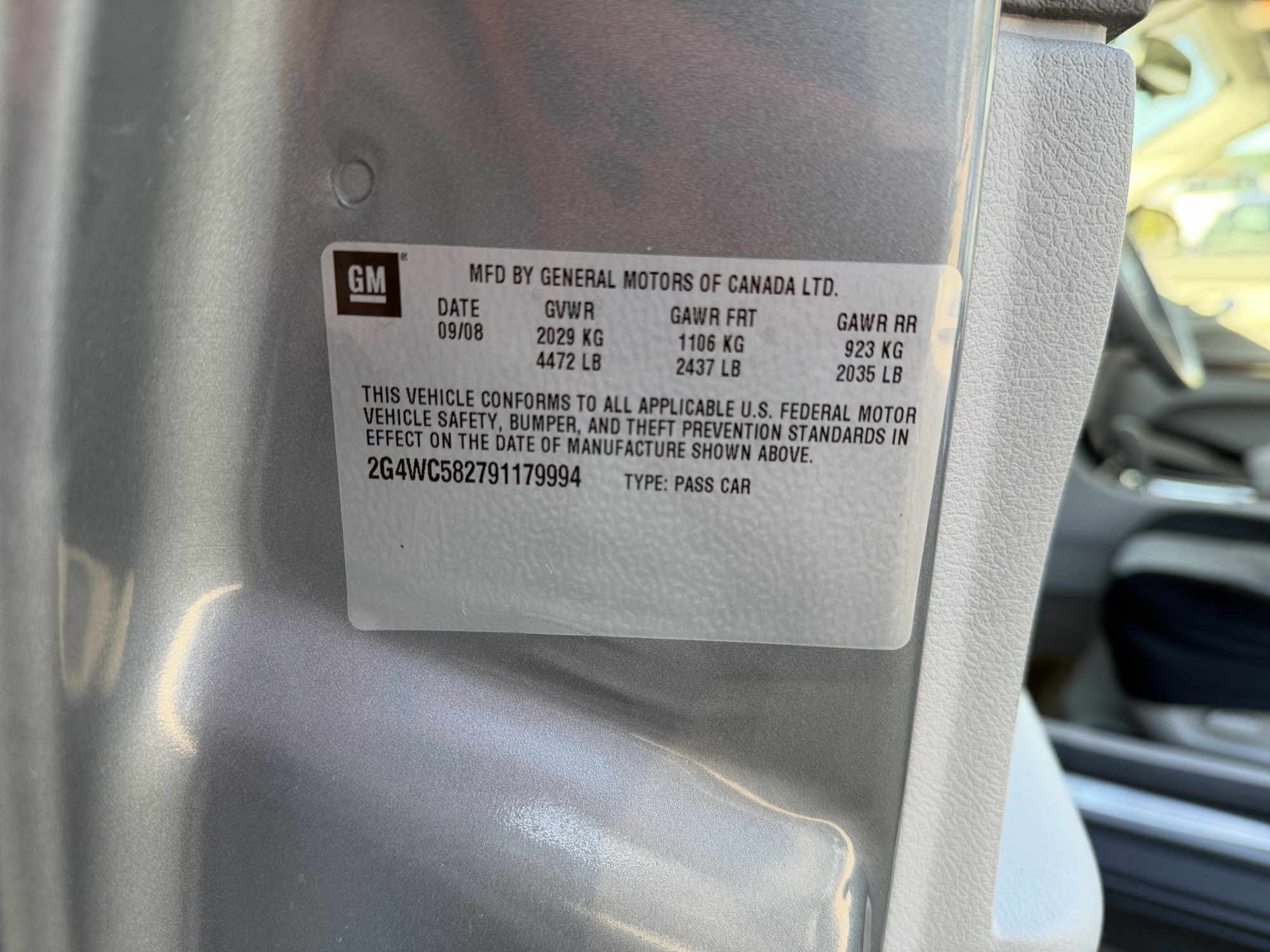 2009 buick lacrosse cx with 28748 miles for sale near Elk River, Minnesota 106702_47_door_vin_sticker.jpg