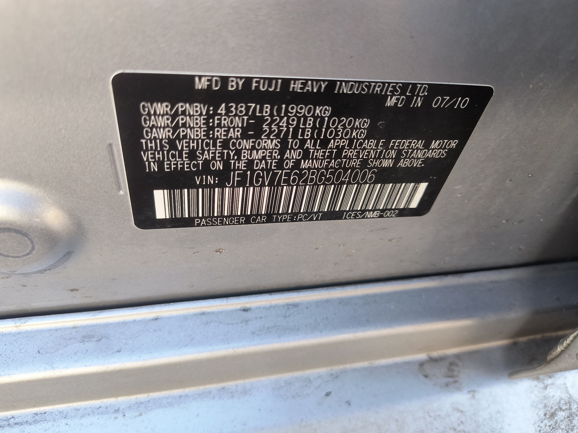 2011 subaru impreza-wrx 4-door with 128706 miles for sale near Elk River, Minnesota 106706_47_door_vin_sticker.jpg