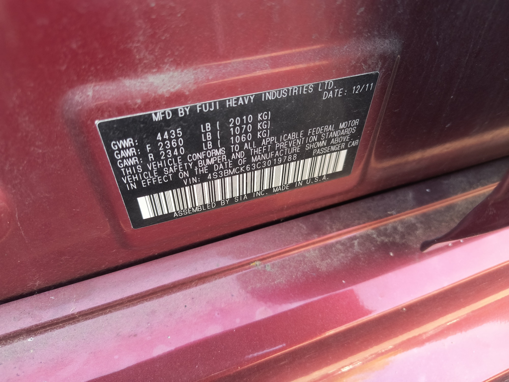 2012 subaru legacy 2.5i-limited with 178982 miles for sale near Elk River, Minnesota 106711_47_door_vin_sticker.jpg