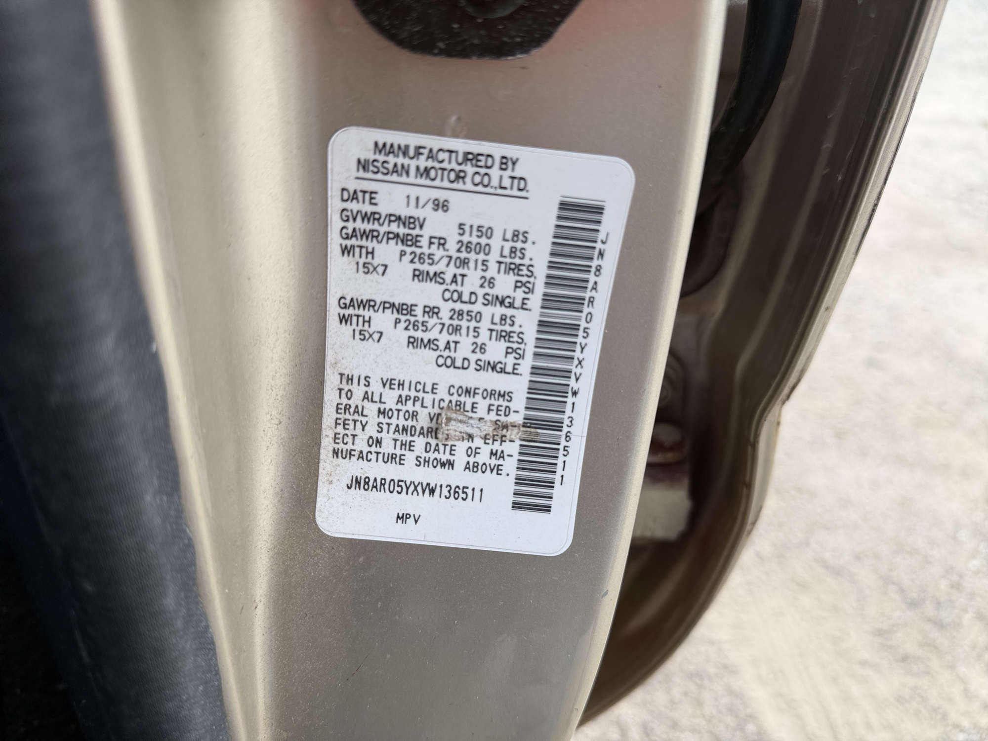 1997 nissan pathfinder xe-4-door-4wd with 97077 miles for sale near Elk River, Minnesota 106712_47_door_vin_sticker.jpg