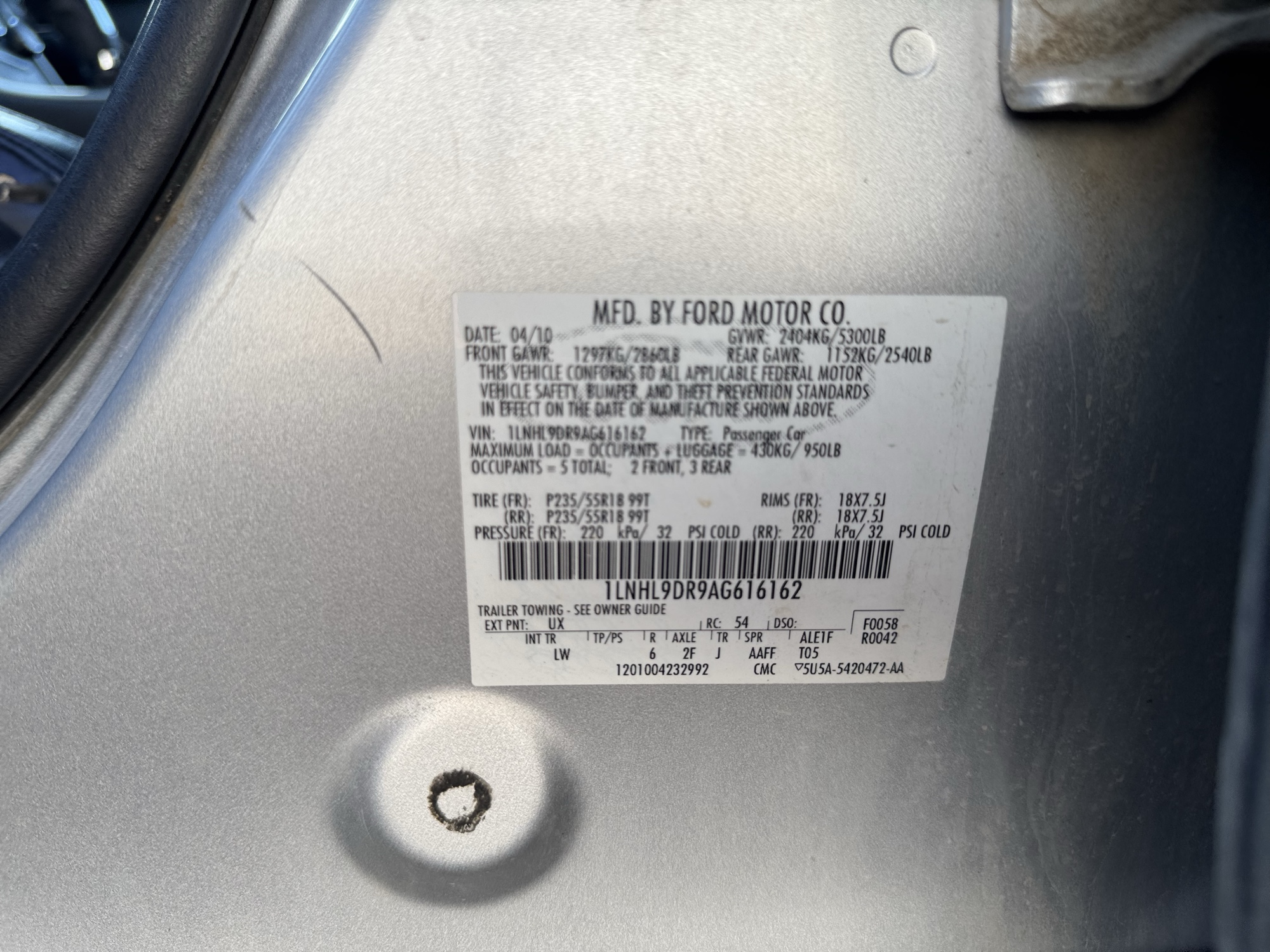 2010 lincoln mks 3.7l-fwd with 233502 miles for sale near Elk River, Minnesota 106714_47_door_vin_sticker.jpg