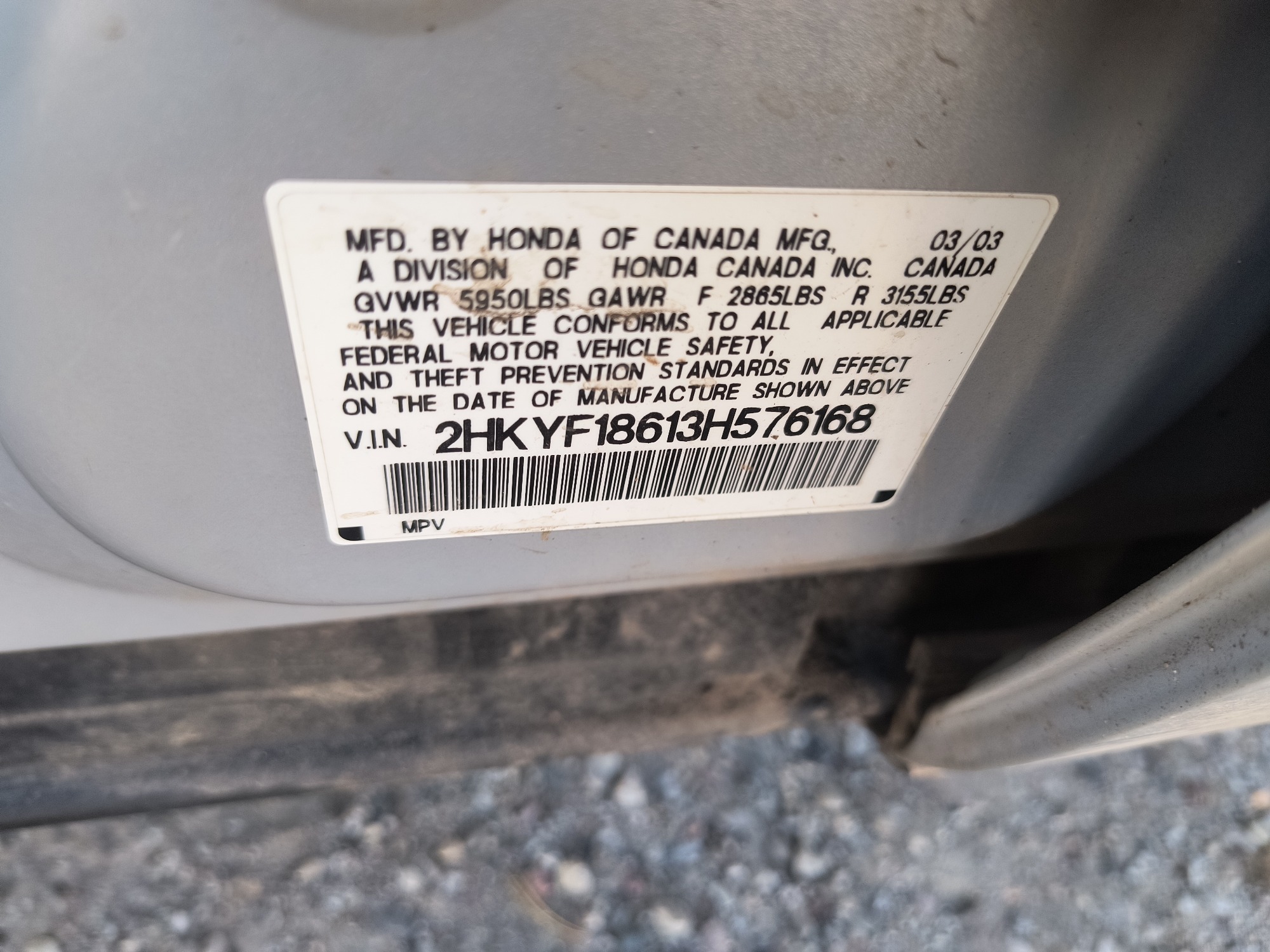 2003 honda pilot ex-w--leather with 296887 miles for sale near Elk River, Minnesota 106717_47_door_vin_sticker.jpg