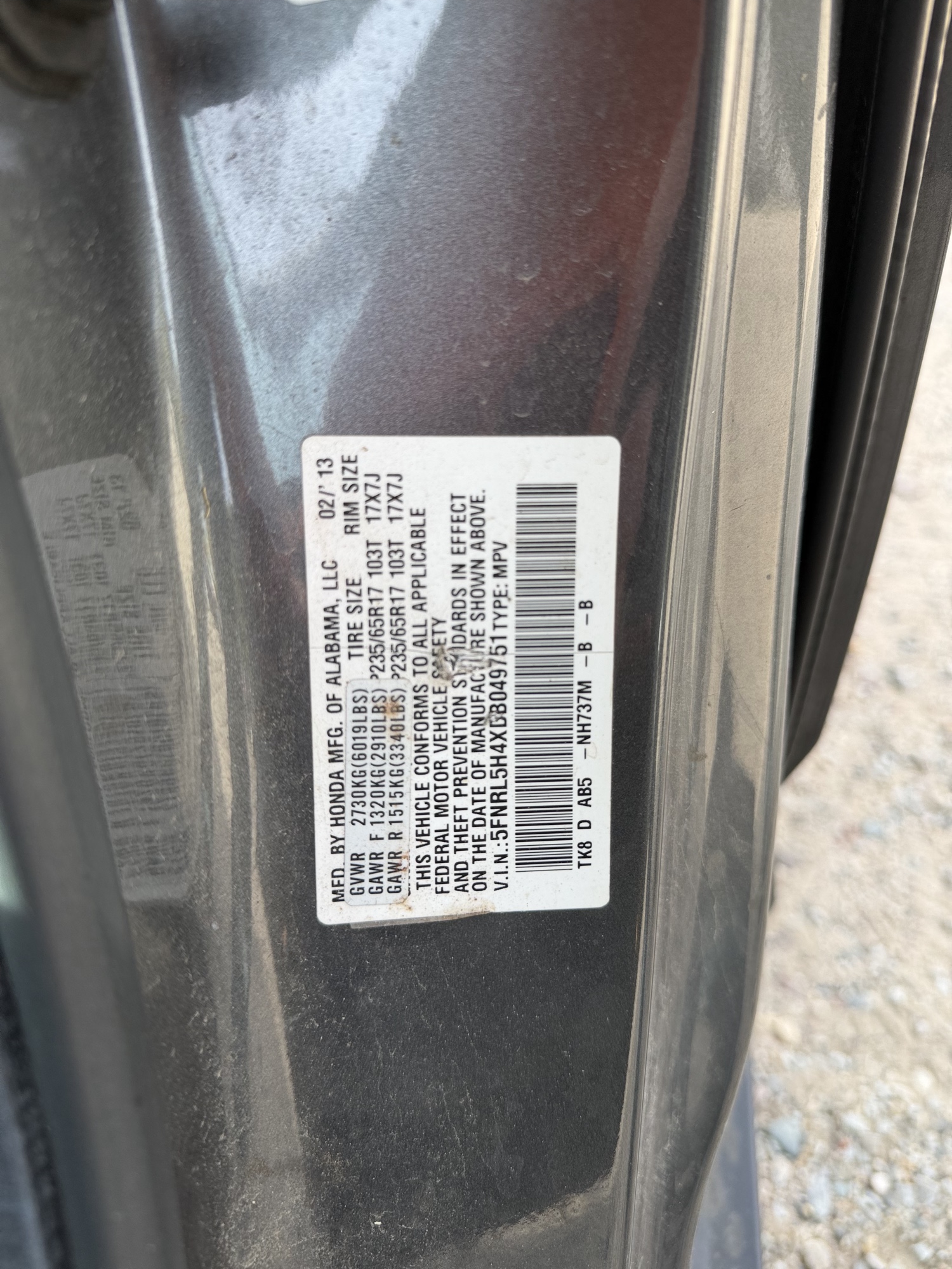 2013 honda odyssey ex with 213288 miles for sale near Elk River, Minnesota 106722_47_door_vin_sticker.jpg