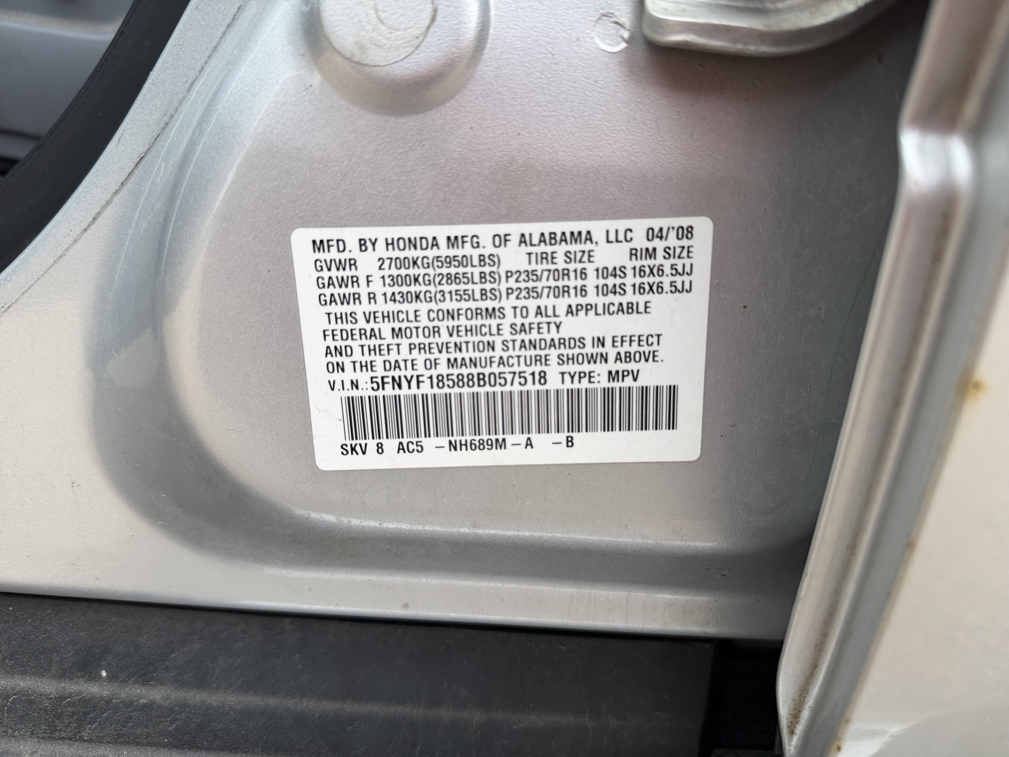 2008 honda pilot ex-l-4wd-at with 303368 miles for sale near Elk River, Minnesota 106723_47_door_vin_sticker.jpg