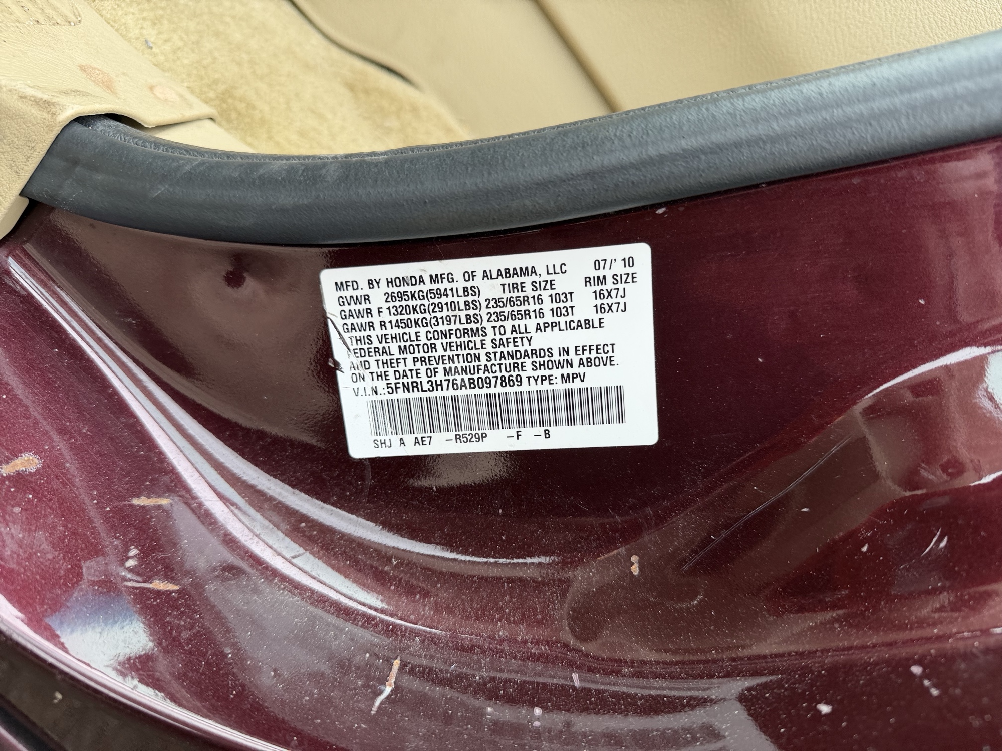 2010 honda odyssey ex-l with 204246 miles for sale near Elk River, Minnesota 106724_47_door_vin_sticker.jpg