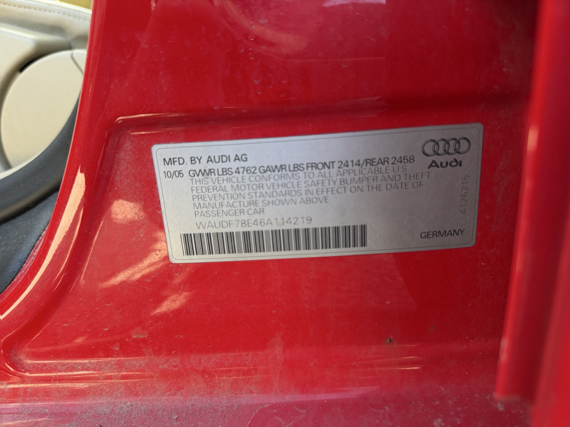 2006 audi a4 2.0t-quattro for sale near Elk River, Minnesota 106725_47_door_vin_sticker.jpg