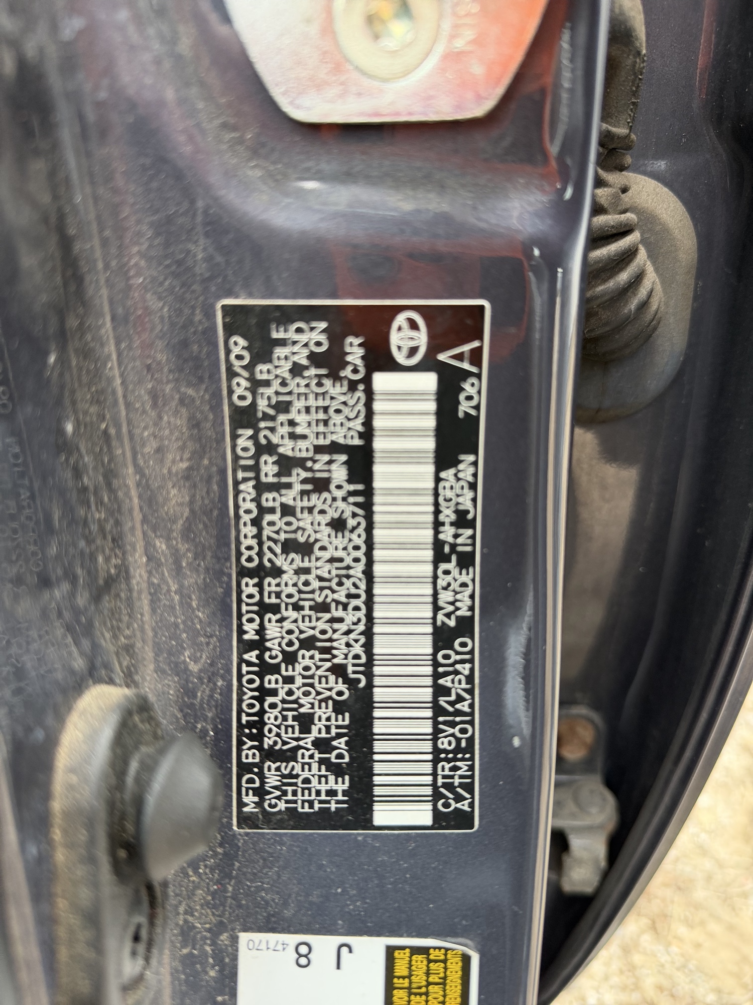 2010 toyota prius prius-ii with 276789 miles for sale near Elk River, Minnesota 106727_47_door_vin_sticker.jpg