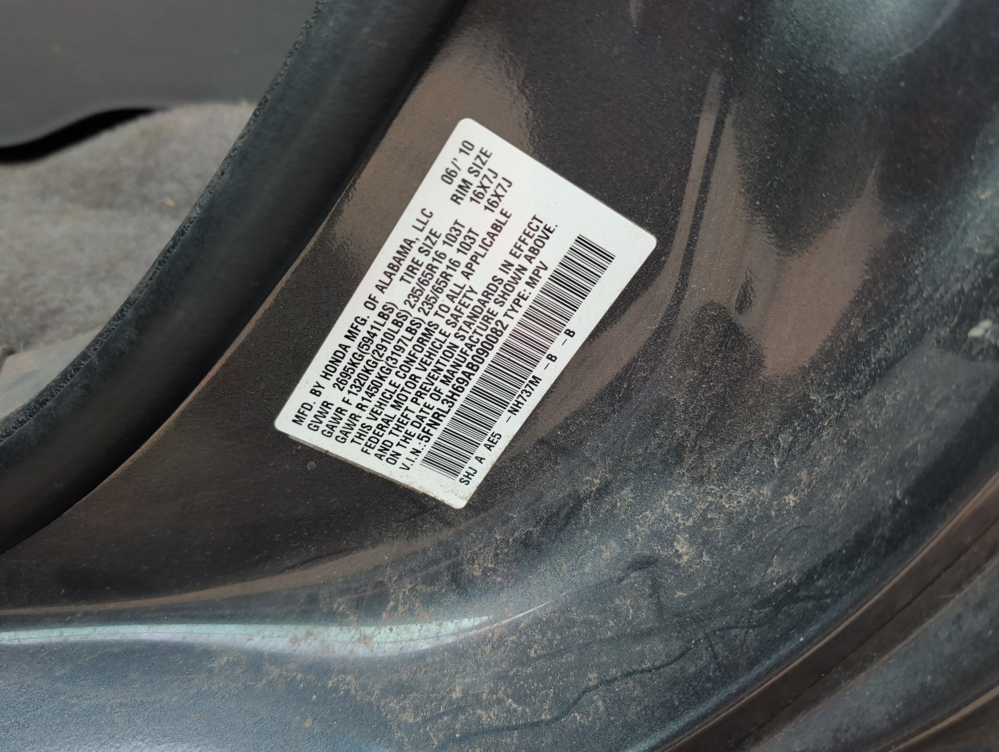 2010 honda odyssey ex-l with 186371 miles for sale near Elk River, Minnesota 106729_47_door_vin_sticker.jpg