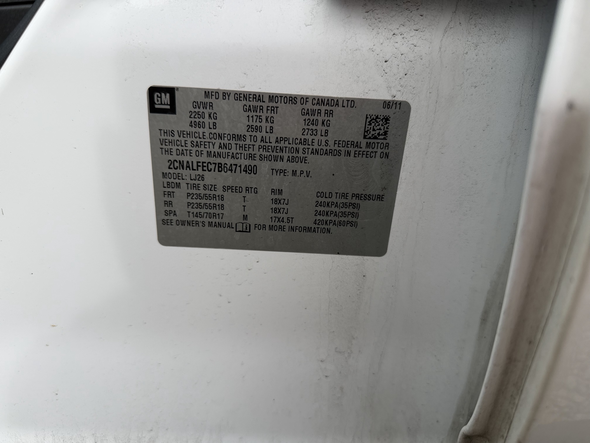 2011 chevrolet equinox ltz-2wd with 105523 miles for sale near Elk River, Minnesota 106730_47_door_vin_sticker.jpg