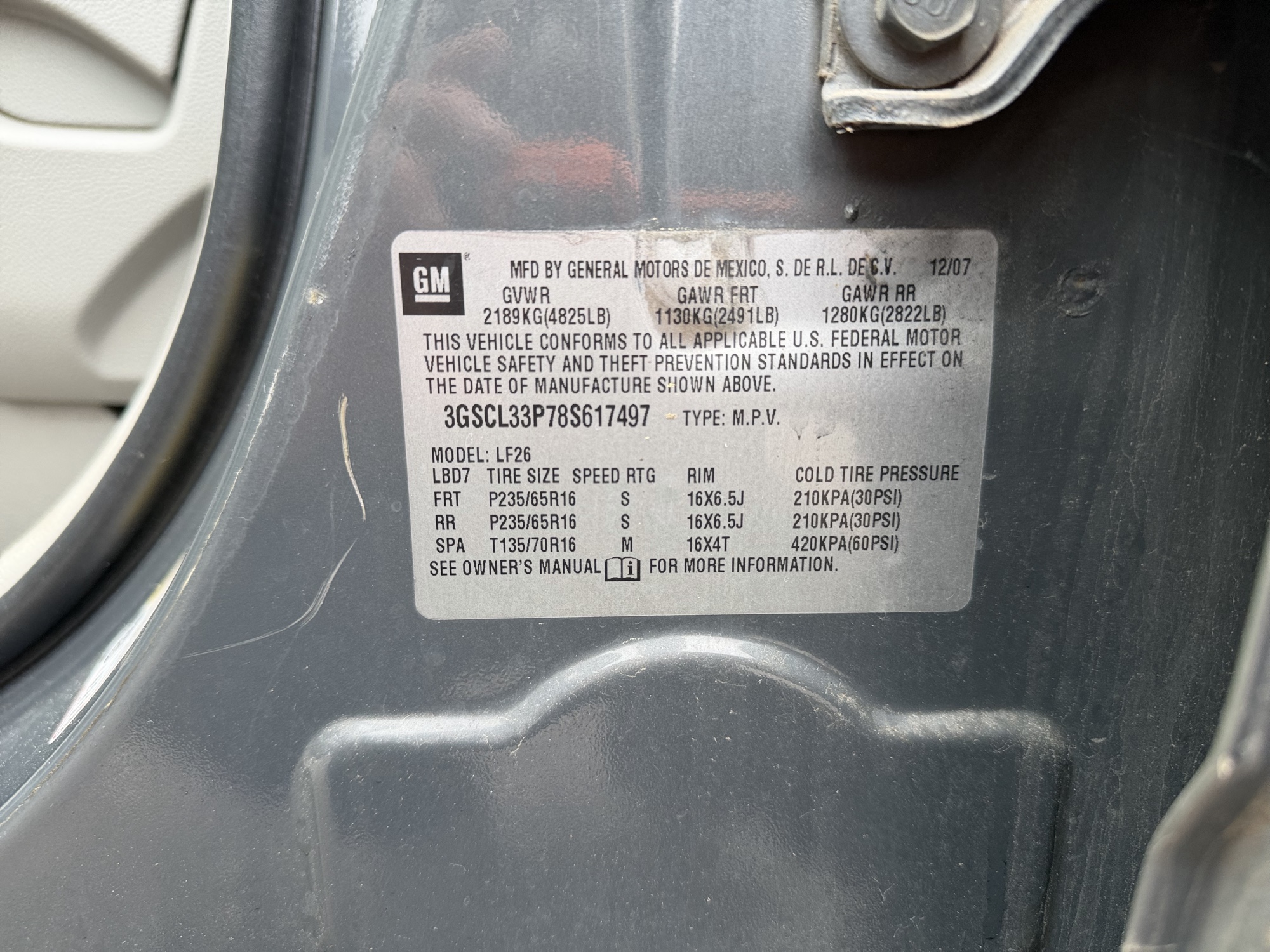 2008 saturn vue fwd-4-cylinder-xe with 219141 miles for sale near Elk River, Minnesota 106731_47_door_vin_sticker.jpg