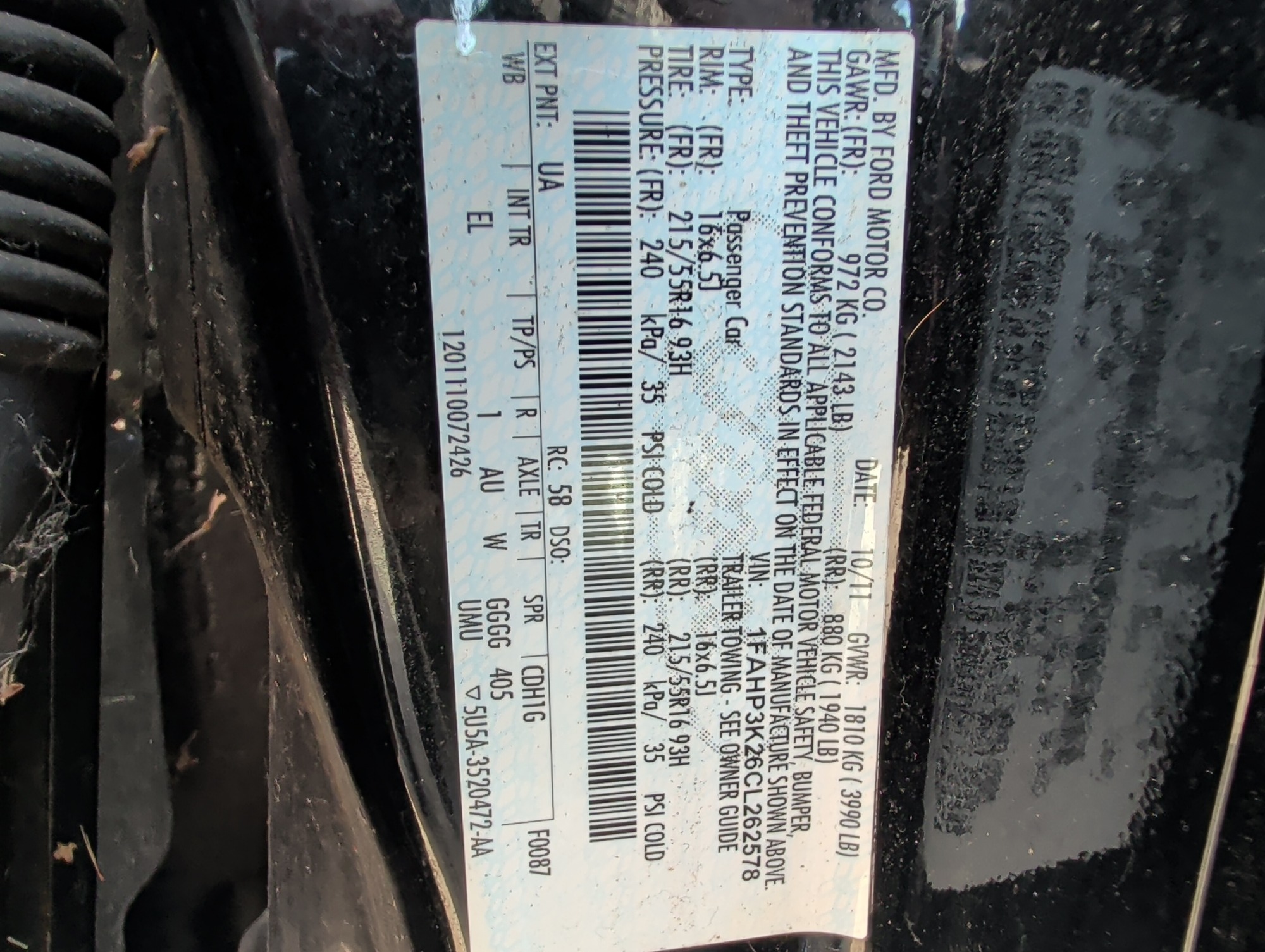 2012 ford focus se with 294536 miles for sale near Elk River, Minnesota 106737_47_door_vin_sticker.jpg