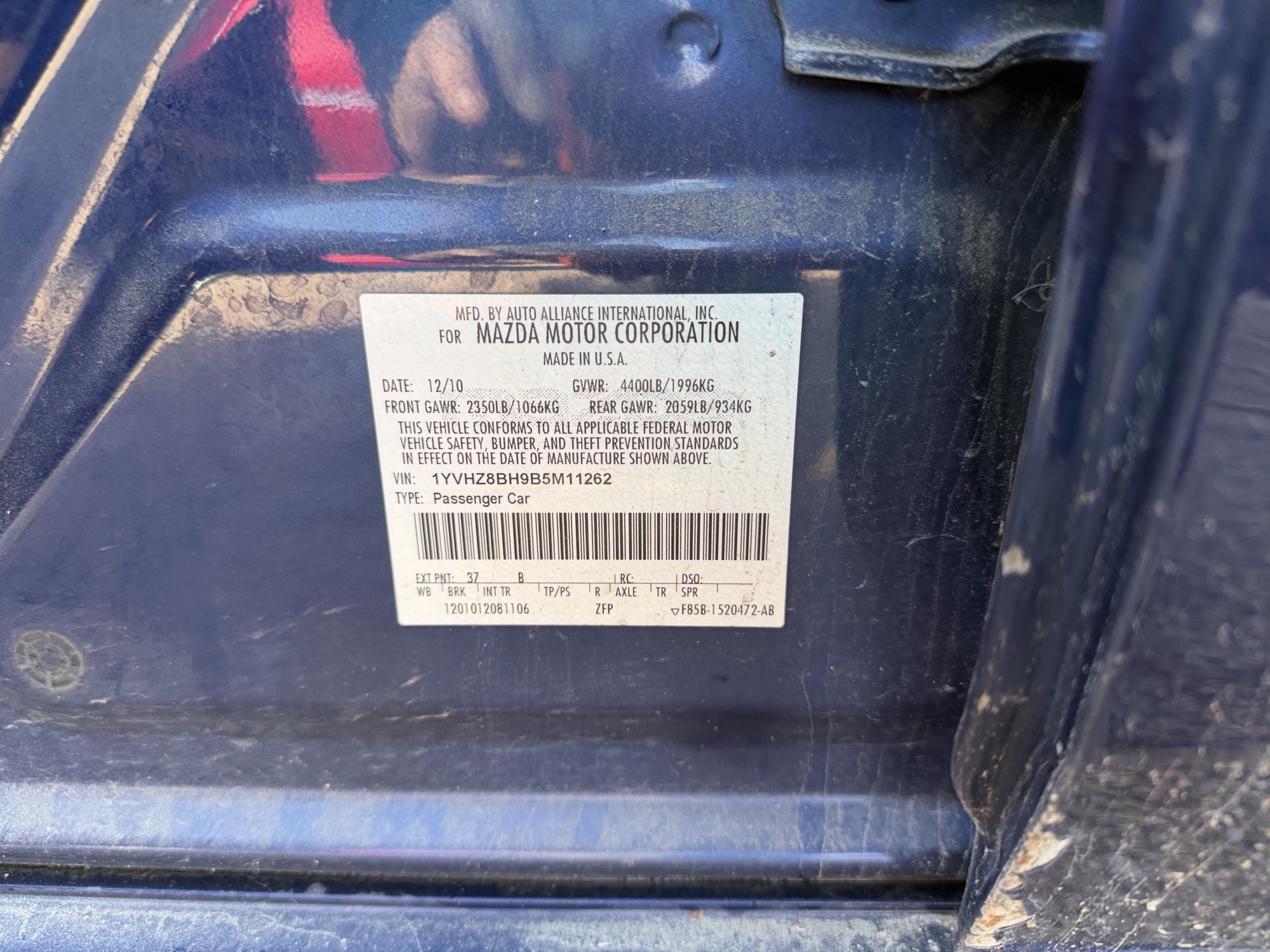 2011 mazda mazda6 i-touring with 280353 miles for sale near Elk River, Minnesota 106740_47_door_vin_sticker.jpg
