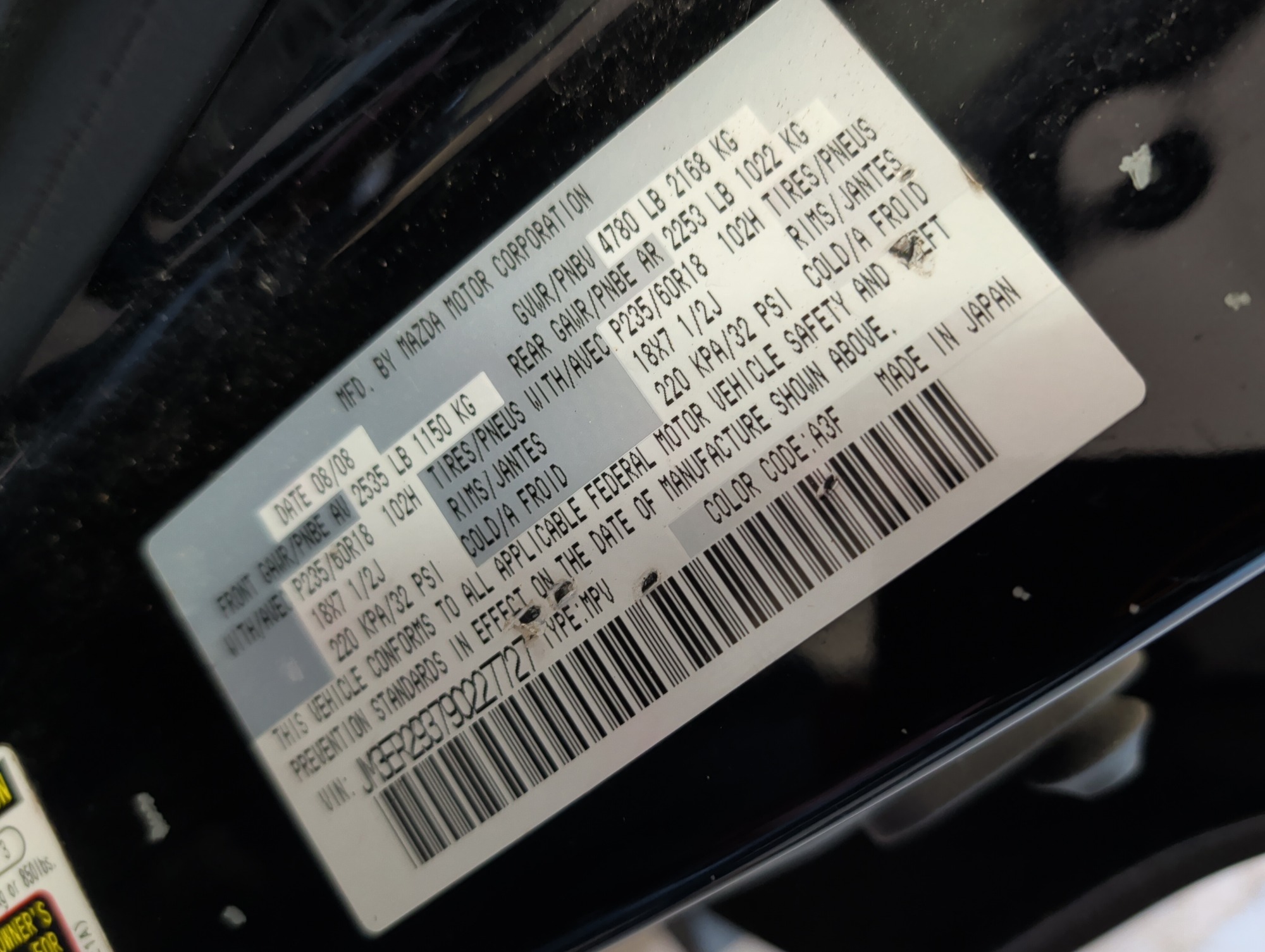 2009 mazda cx-7 grand-touring-fwd with 144847 miles for sale near Elk River, Minnesota 106742_47_door_vin_sticker.jpg