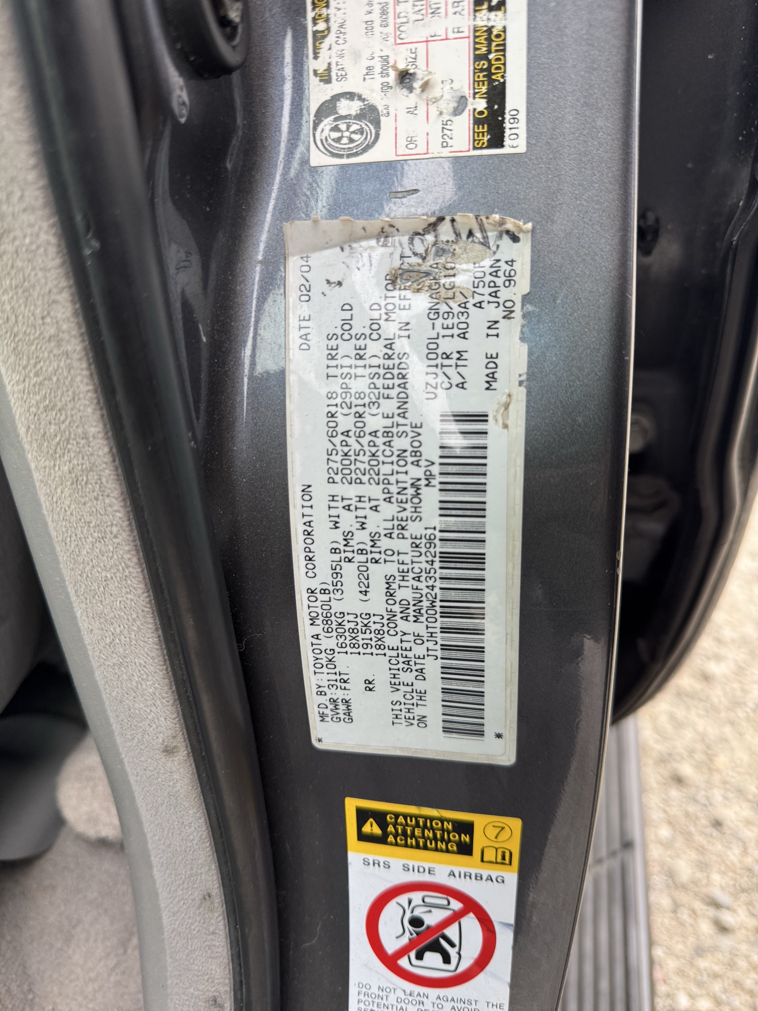 2004 lexus lx-470 sport-utility with 318395 miles for sale near Elk River, Minnesota 106745_47_door_vin_sticker.jpg