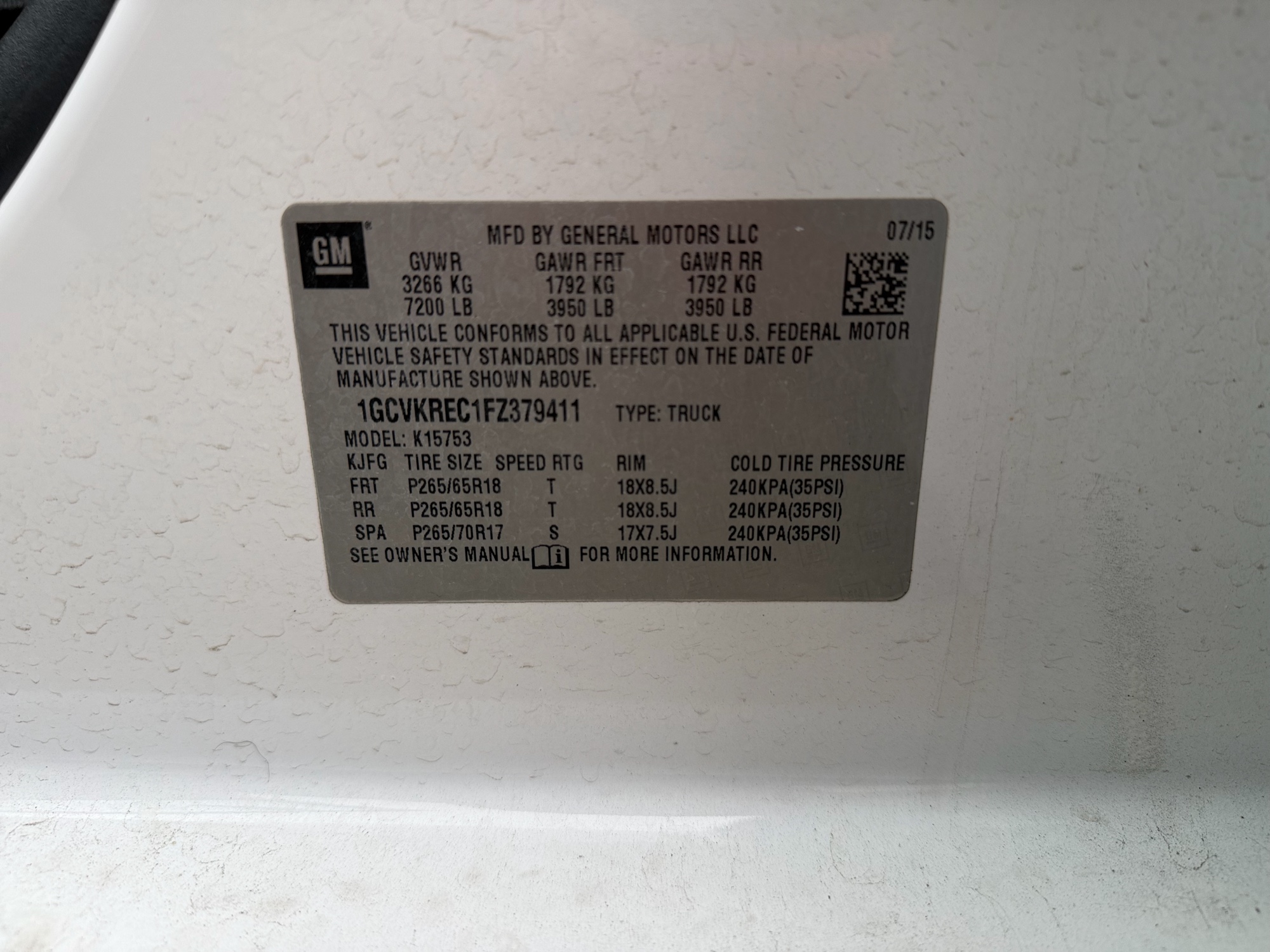 2015 chevrolet silverado-1500 lt-double-cab-4wd with 227035 miles for sale near Elk River, Minnesota 106748_47_door_vin_sticker.jpg