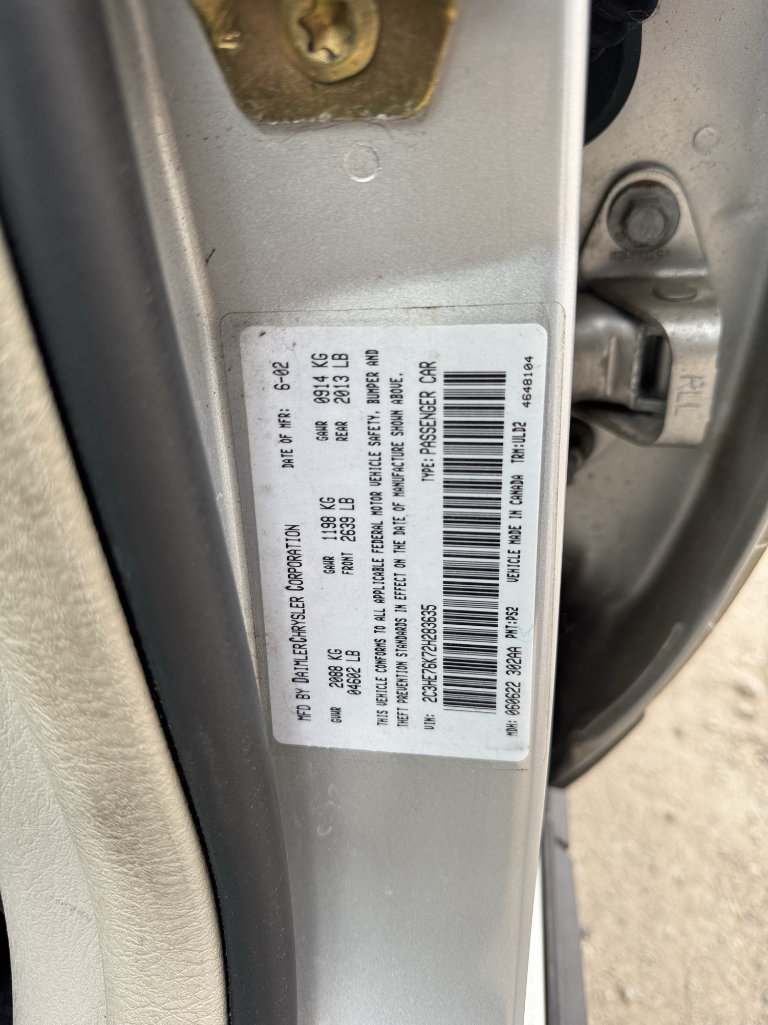 2002 chrysler 300m special with 71521 miles for sale near Elk River, Minnesota 106749_47_door_vin_sticker.jpg