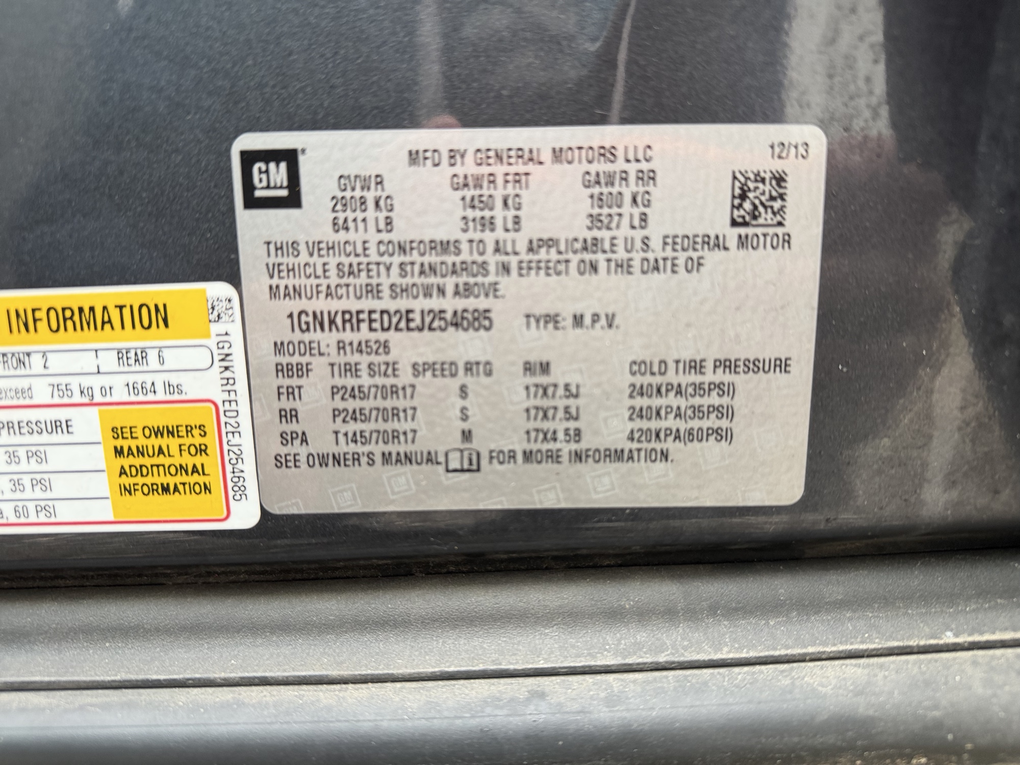 2014 chevrolet traverse ls-fwd with 145915 miles for sale near Elk River, Minnesota 106750_47_door_vin_sticker.jpg