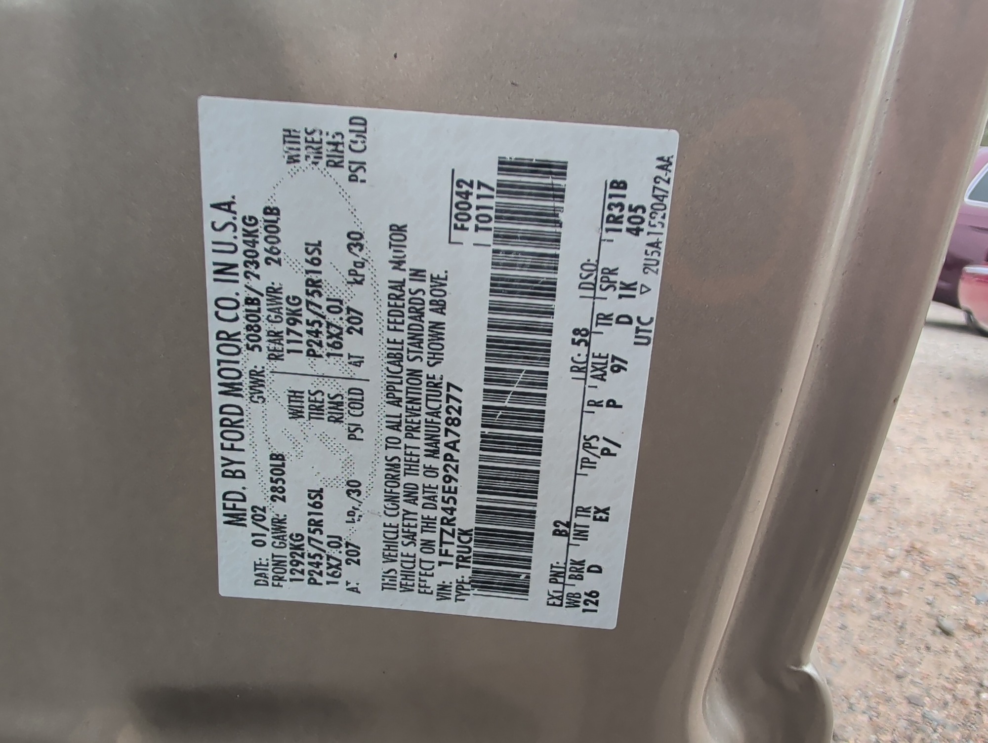 2002 ford ranger edge-supercab-4wd---375a with 165151 miles for sale near Elk River, Minnesota 106753_47_door_vin_sticker.jpg
