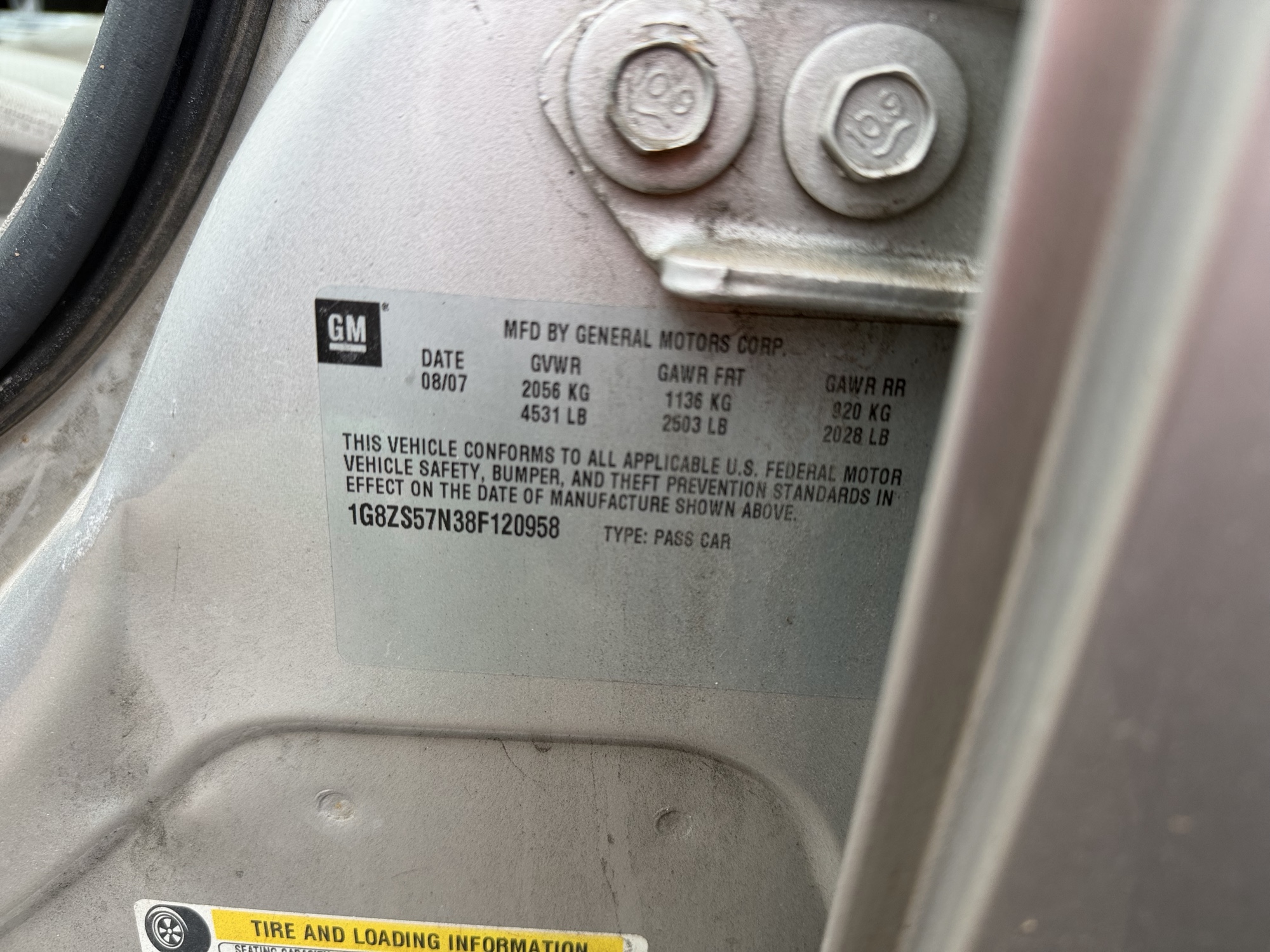 2008 saturn aura xe with 166520 miles for sale near Elk River, Minnesota 106755_47_door_vin_sticker.jpg