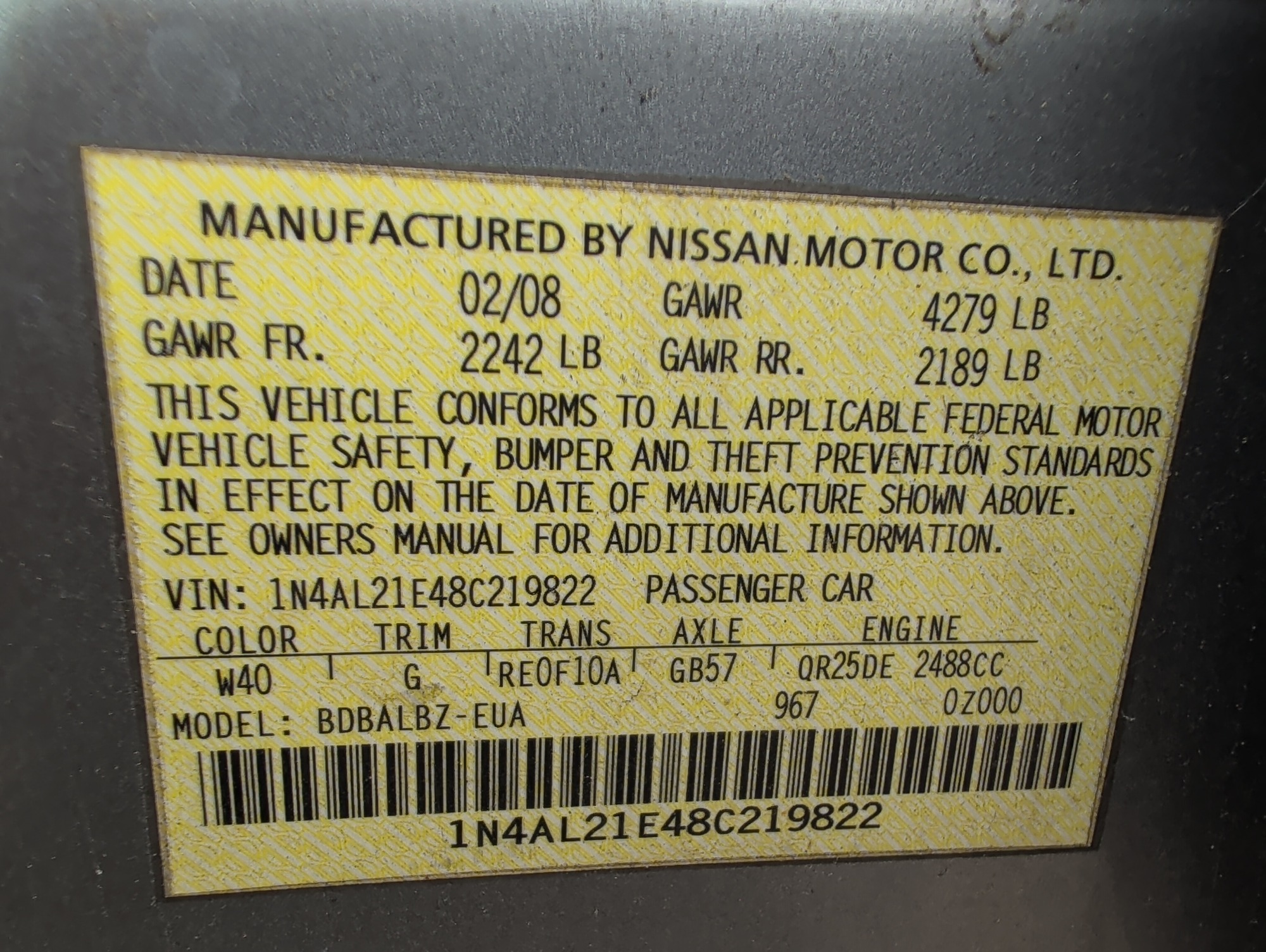 2008 nissan altima 2.5-s with 158918 miles for sale near Elk River, Minnesota 106757_47_door_vin_sticker.jpg