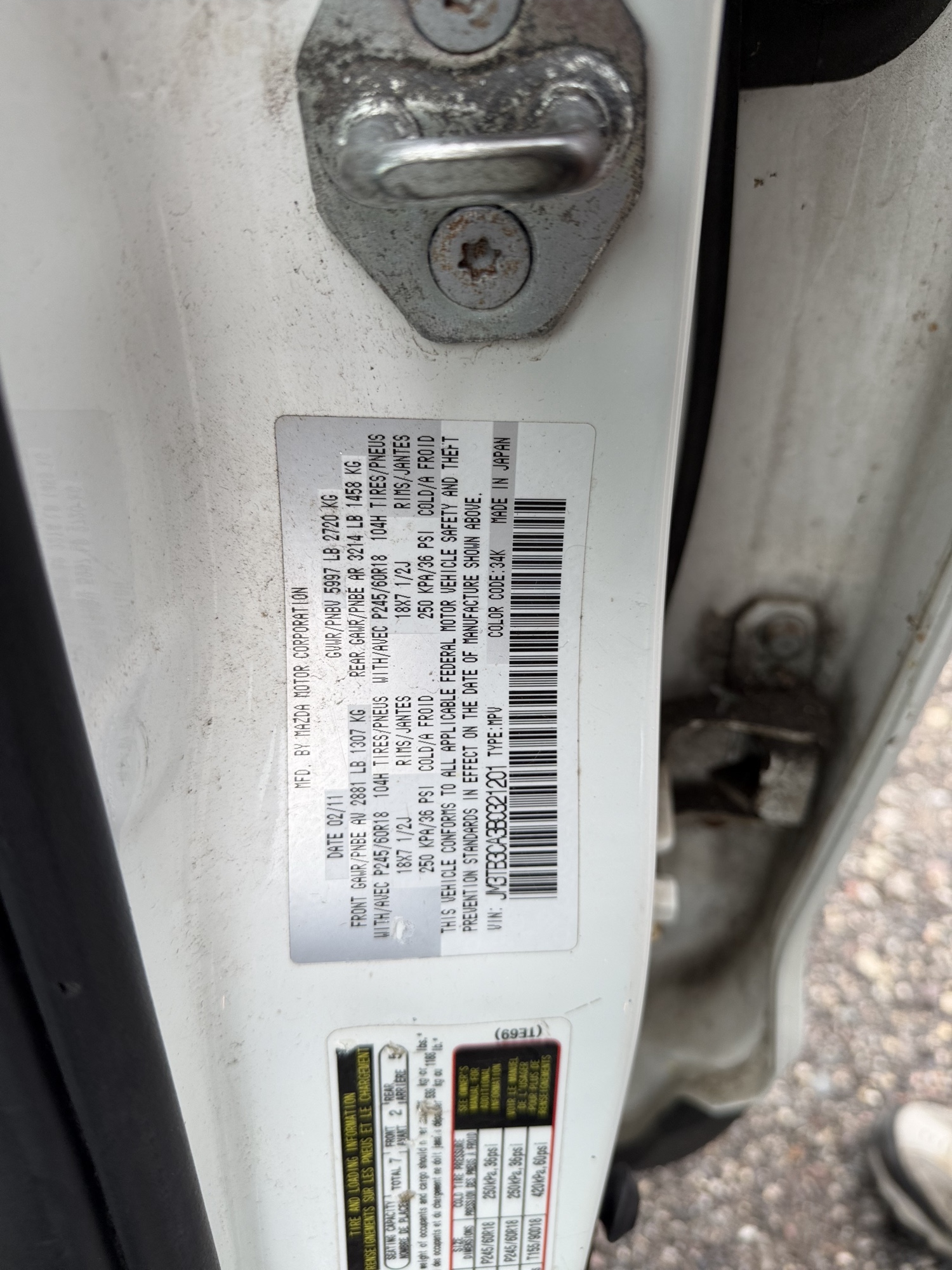2011 mazda cx-9 touring-awd with 171789 miles for sale near Elk River, Minnesota 106761_47_door_vin_sticker.jpg