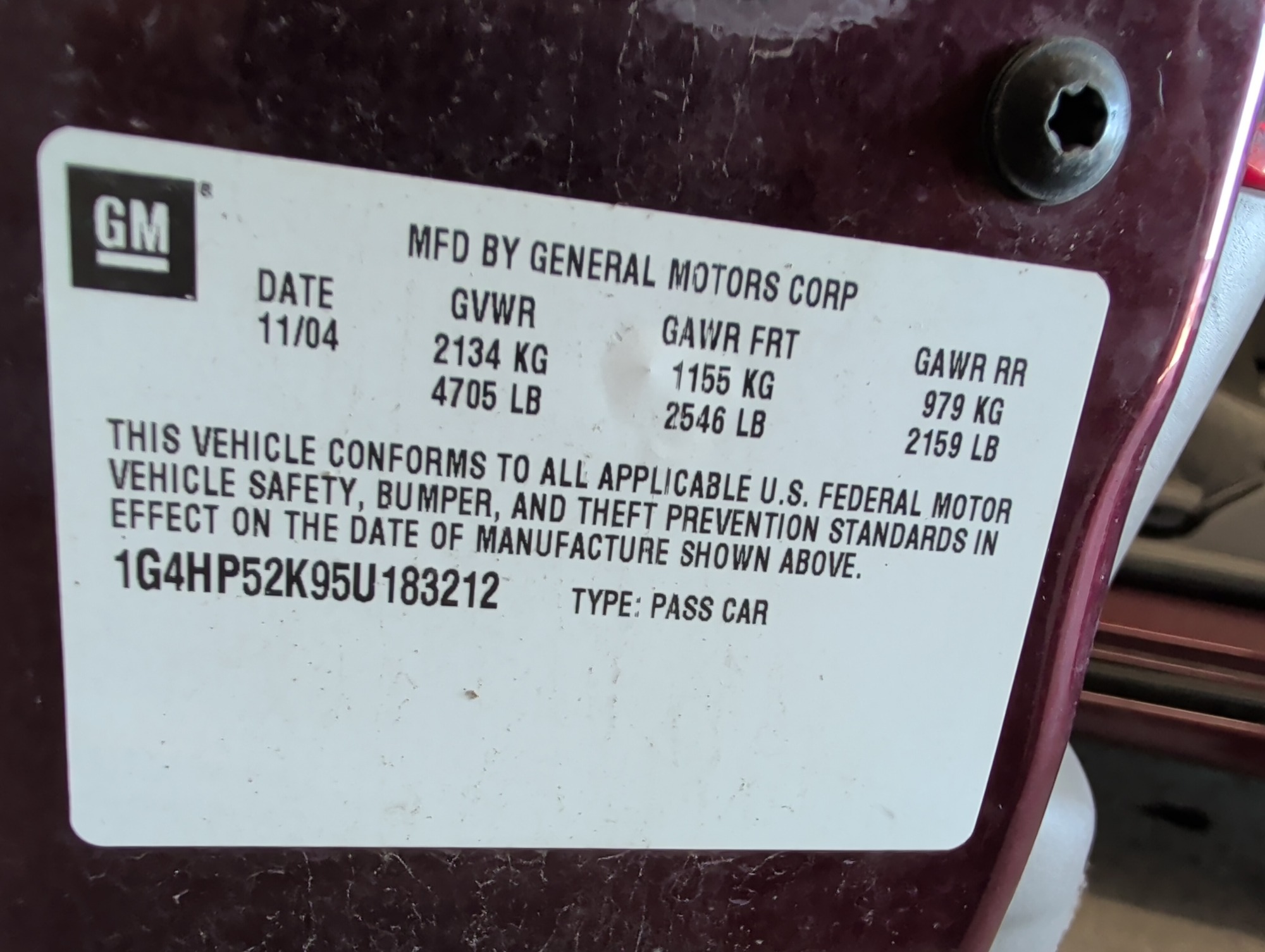 2005 buick lesabre custom with 143292 miles for sale near Elk River, Minnesota 106762_47_door_vin_sticker.jpg
