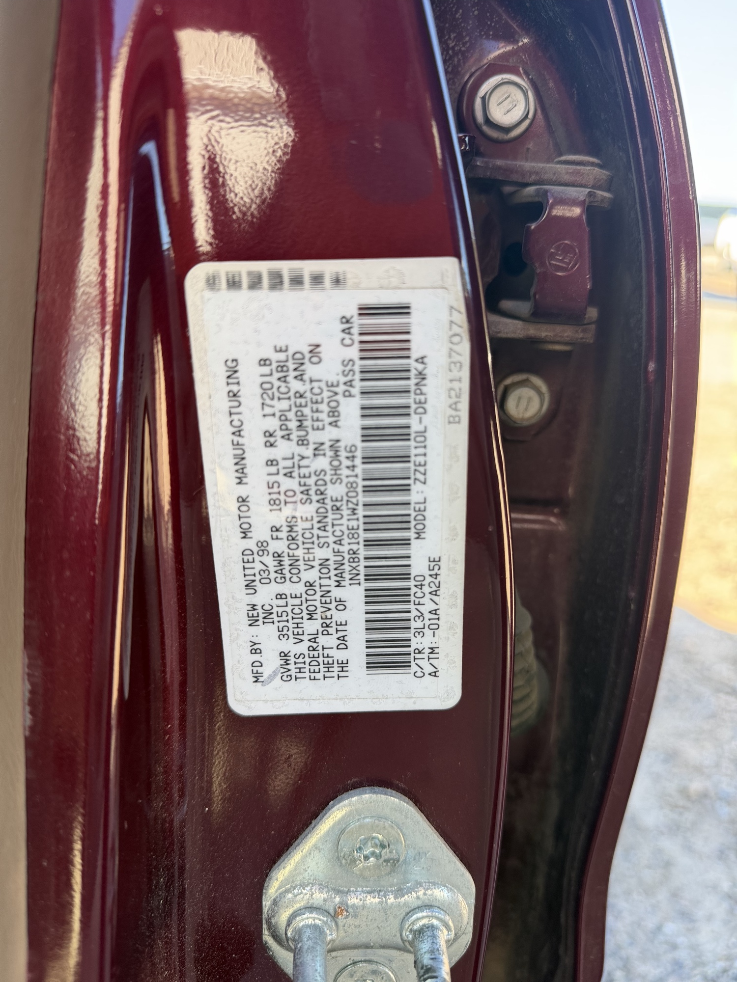 1998 toyota corolla ve with 71453 miles for sale near Elk River, Minnesota 106763_47_door_vin_sticker.jpg