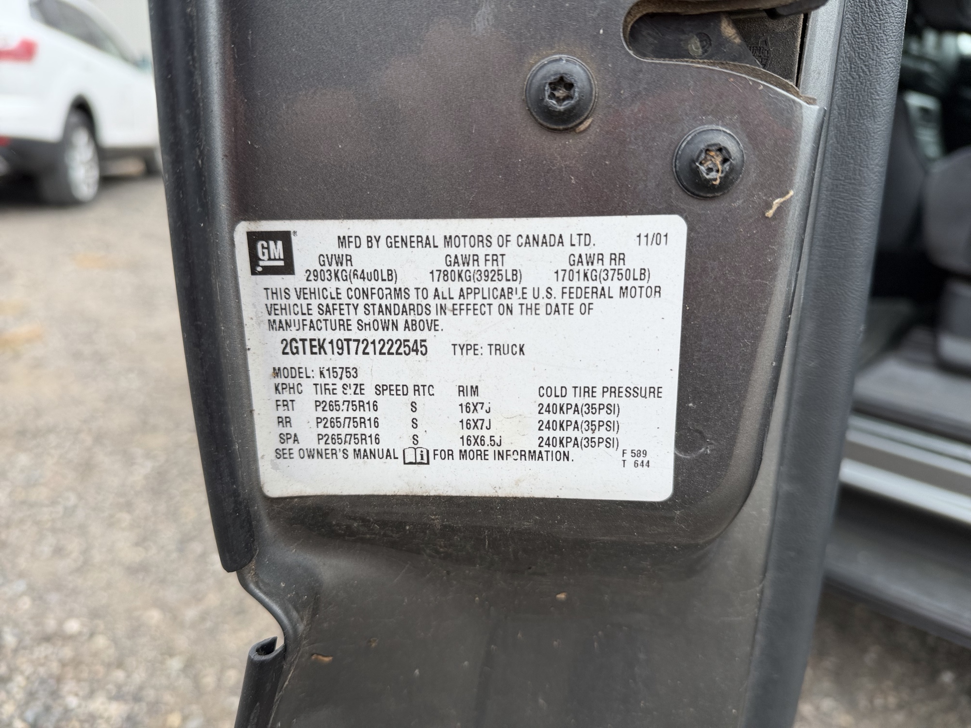 2002 gmc sierra-1500 sl-ext.-cab-short-bed-4wd with 83587 miles for sale near Elk River, Minnesota 106764_47_door_vin_sticker.jpg