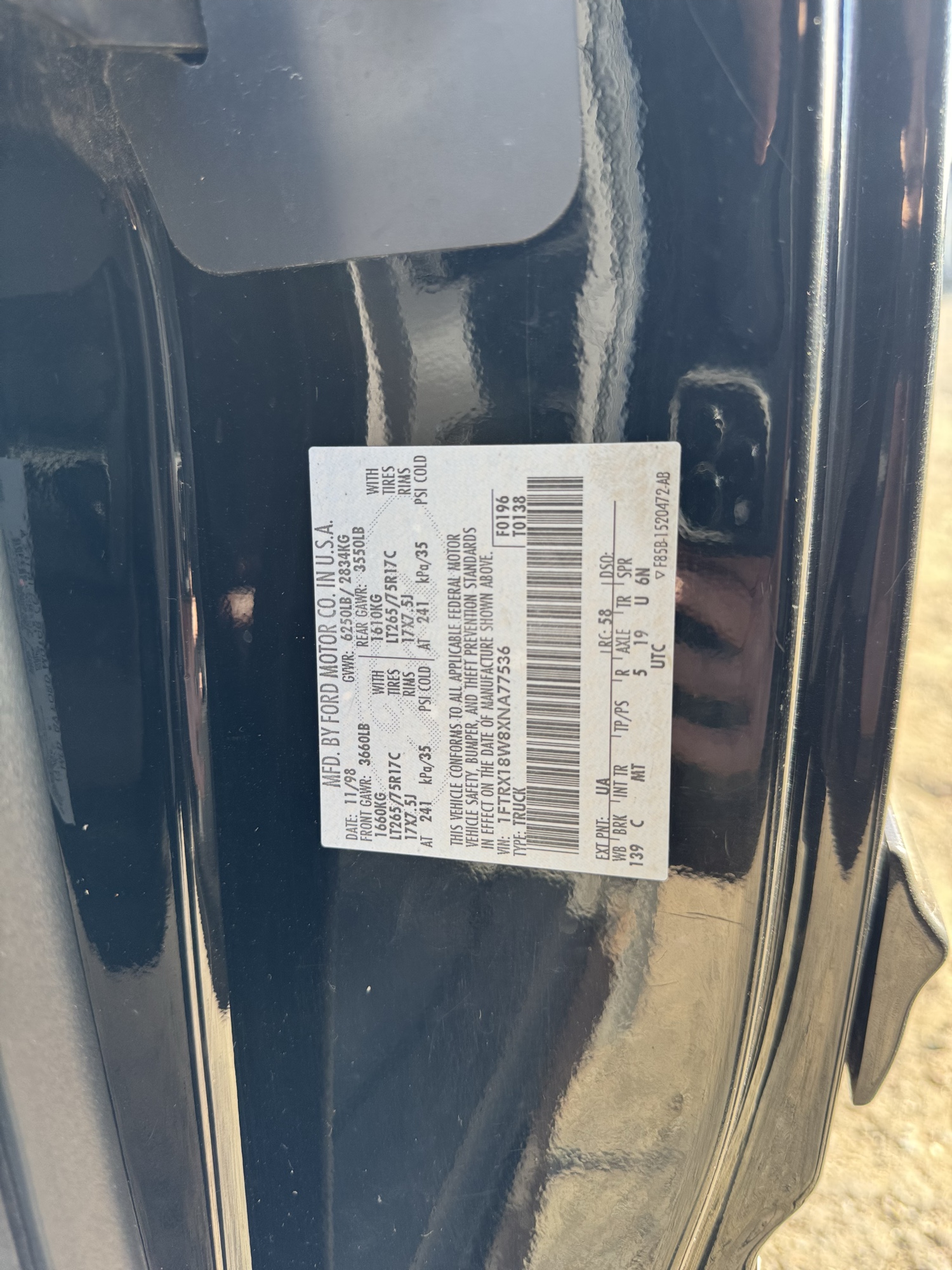 1999 ford f-150 ws-supercab-short-bed-4wd with 245575 miles for sale near Elk River, Minnesota 106765_47_door_vin_sticker.jpg